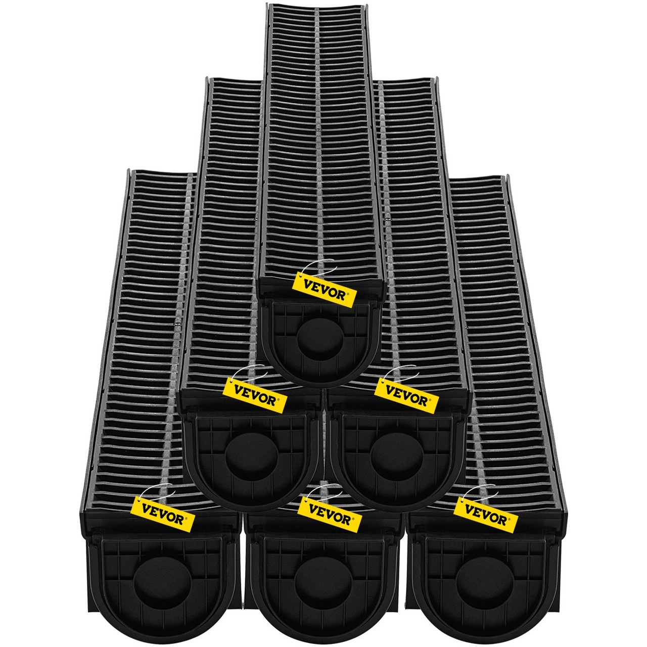 VEVOR Trench Drain System, Channel Drain with Plastic Grate, 5.9x5.1-Inch HDPE Drainage Trench, Black Plastic Garage Floor Drain, 6x39 Trench Drain Grate, with 6 End Caps, for Garden, Driveway-6 Pack