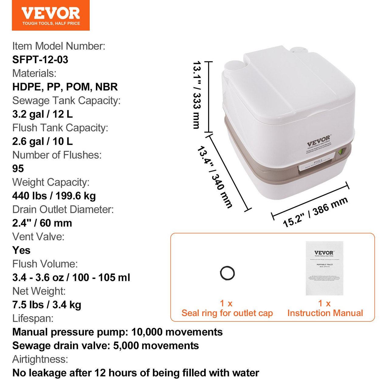 VEVOR Portable Toilet for Camping, Porta Potty with 3.2 Gal Waste Tank & 2.6 Gal Flush Tank, Push-Button Pressurized Flush Commode with Level Indicator, Travel Toilet for Adults Kids Camping Car Trips