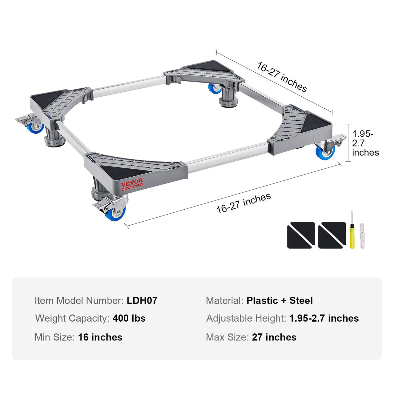 VEVOR Mini Fridge Stand, 400 lbs Load, 4 Strong Feet, 4 Locking Swivel Wheels, Washer and Dryer Pedestal, Multi-Functional Adjustable Base for Washing Machine, and Refrigerator, Universal Mobile Base