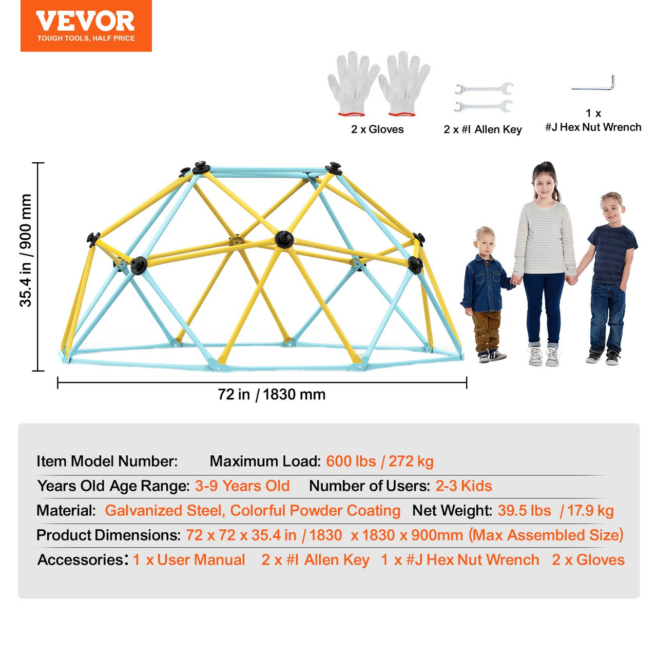 VEVOR Climbing Dome, Jungle Gym Supports 600LBS and Easy Assembly, 6FT Geometric Dome Climber Play Center for Kids 3 to 9 Years Old, with Climbing Grip, Outdoor and Indoor Play Equipment for Kids