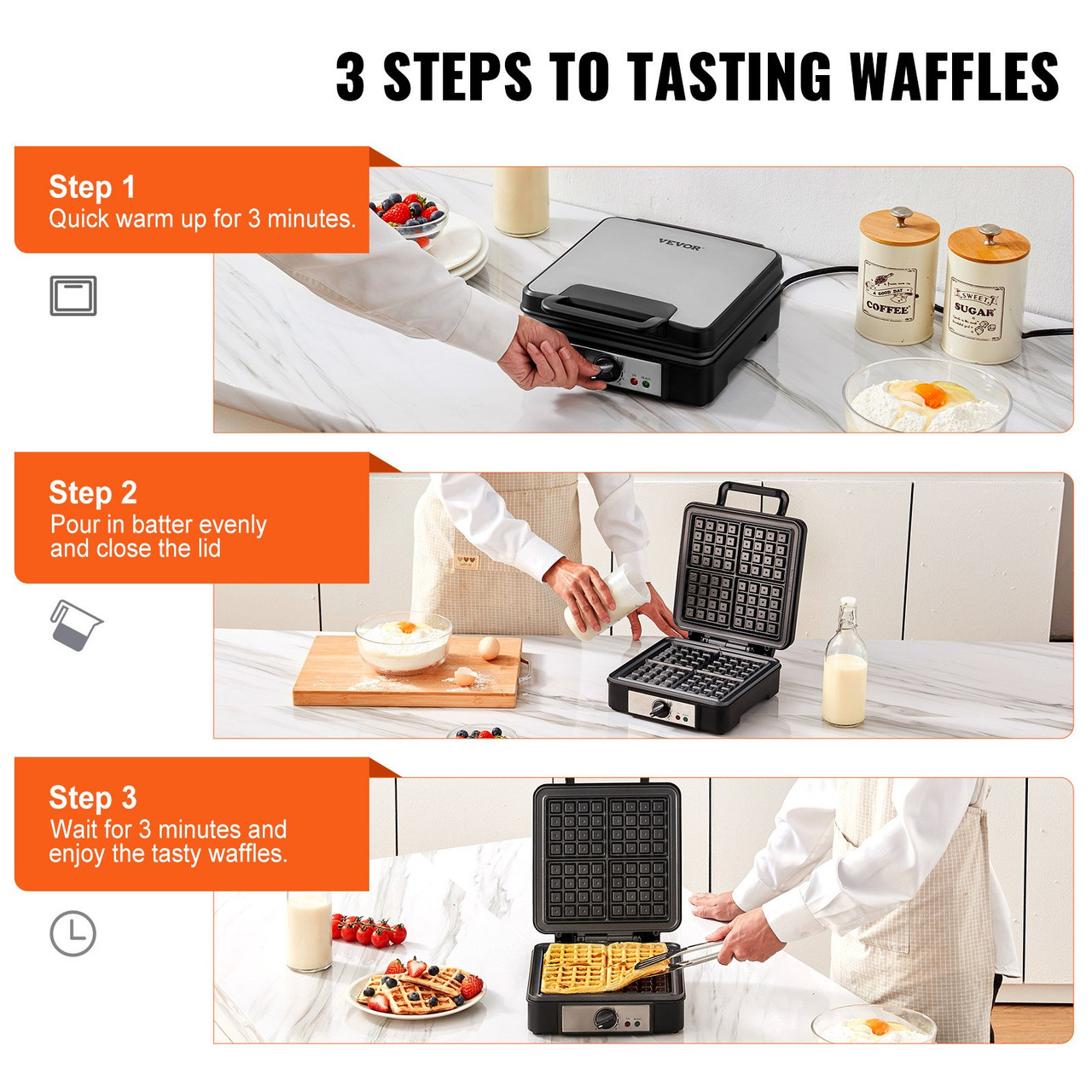 VEVOR Waffle Maker, 4 Slices per Batch, 1200W Square Waffle Iron, Non-Stick Waffle Baker Machine with 122-572? / 50-300? Temperature Range Teflon-Coated Baking Pans Stainless Steel Body, 120V