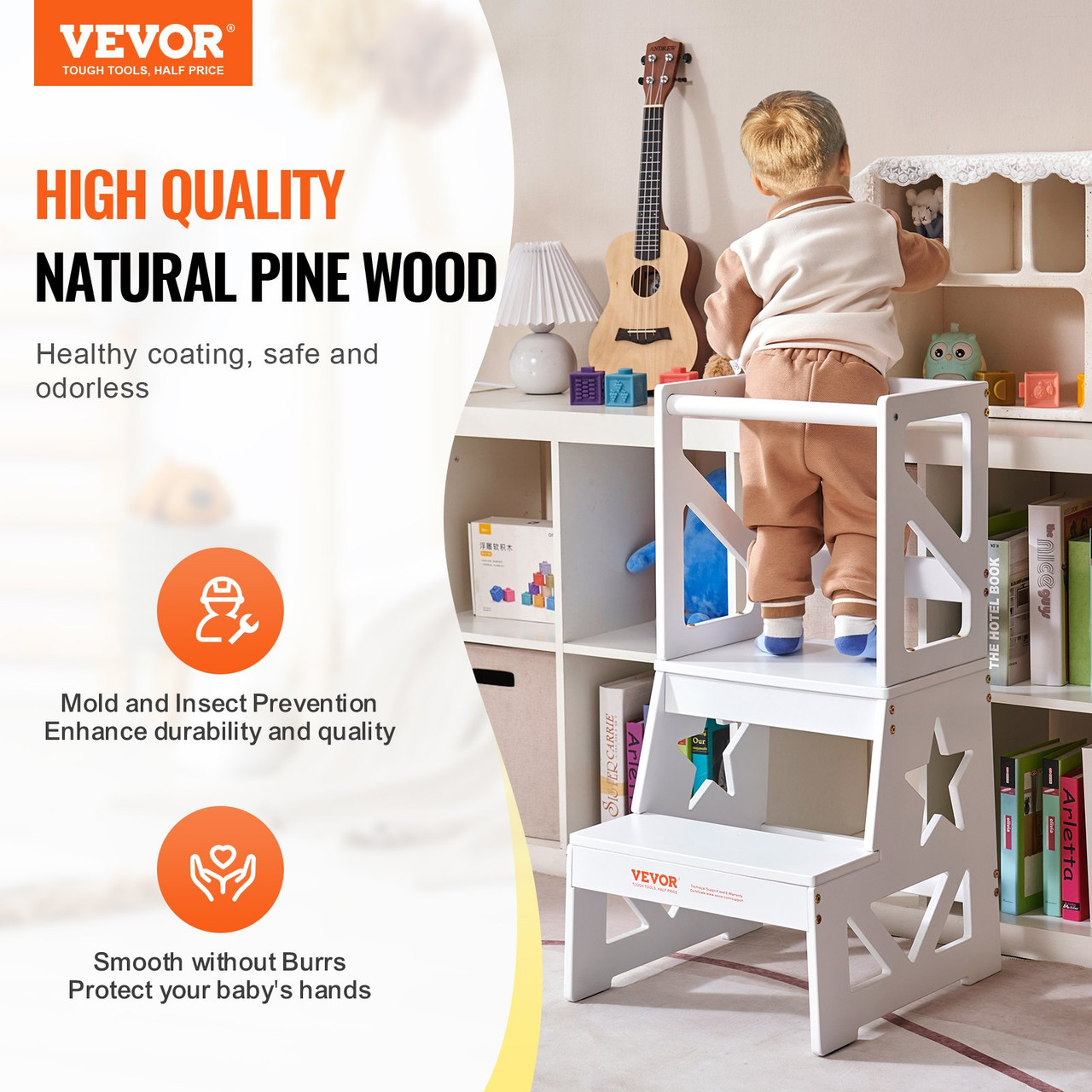 VEVOR Toddler Step Stool, Natural Pine Wood Kids Kitchen Stool Helper with Safety Rail, Standing Tower Learning Stool for Bedroom Bathroom Kitchen Counter, 150LBS Loading Capacity, White