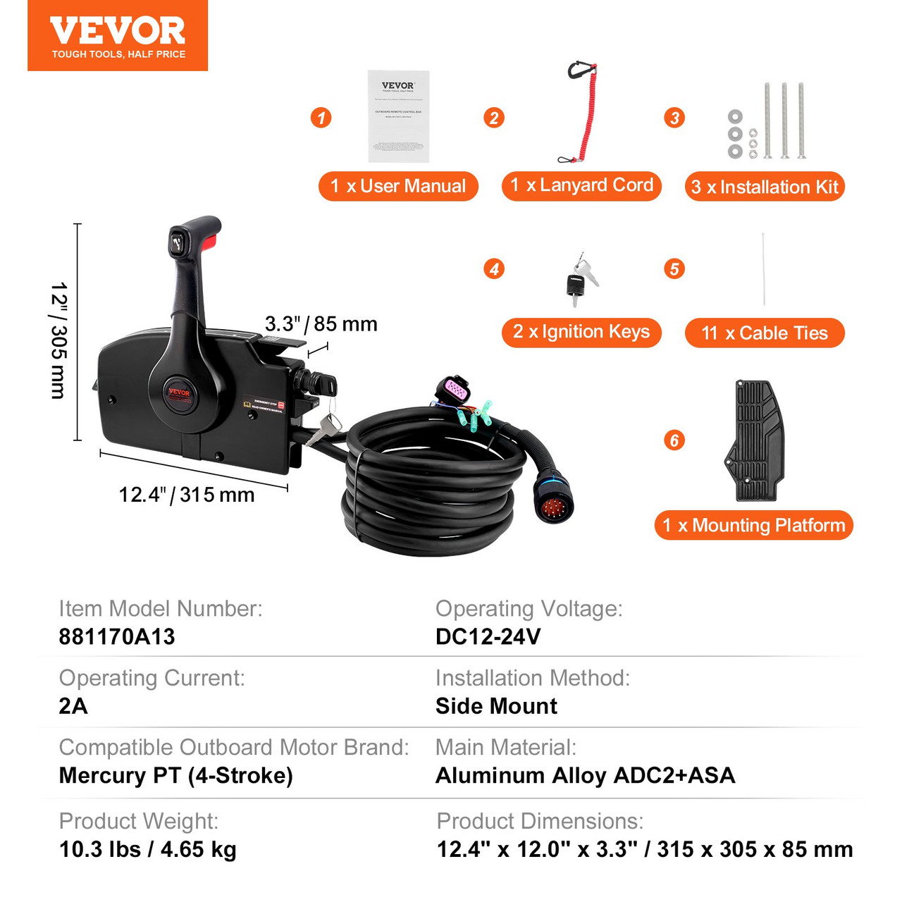 VEVOR Boat Throttle Control, 881170A13 Side-Mounted Outboard Remote Control Box for Mercury PT 4-Stroke, Marine Throttle Control Box with Power Trim Switch, 16.6 ft Harness 14 Pin, and Lanyard