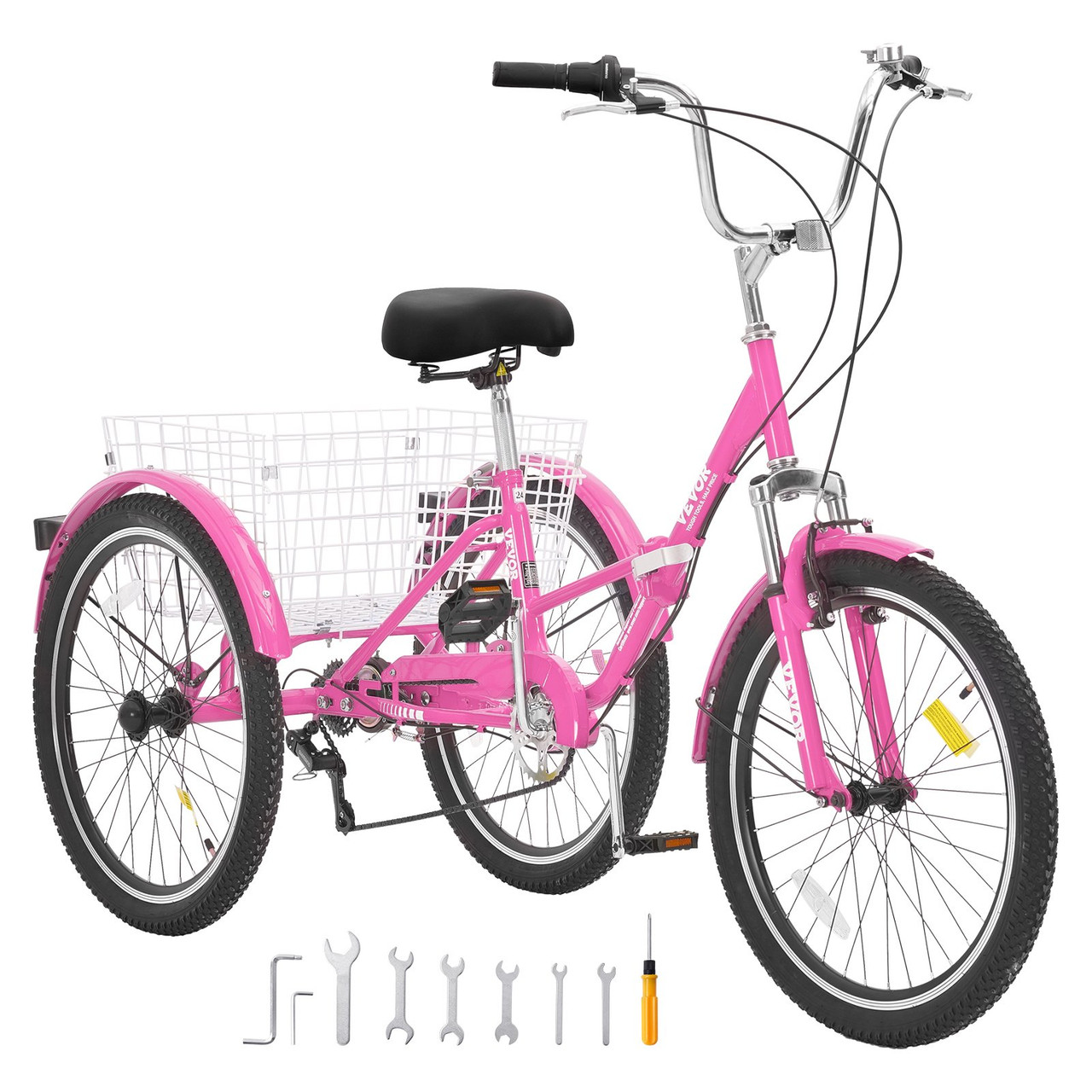 VEVOR Folding Adult Tricycle, 24-Inch 7-Speed Adult Folding Trikes, Carbon Steel 3 Wheel Cruiser Bike with Basket & Adjustable Seat, Shopping Picnic Foldable Tricycles for Women, Men, Seniors (Pink)