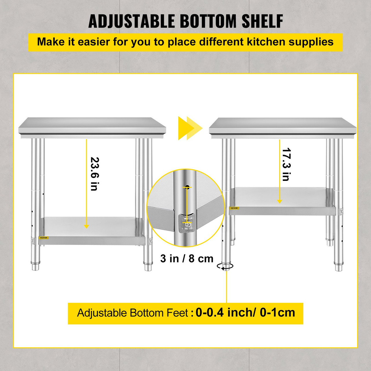 VEVOR Commercial Worktable & Workstation 24 x 30 x 32 Inch Stainless Steel Work Table Heavy Duty Commercial Food Prep Work Table for Home, Kitchen, Restaurant Metal Prep Table with Adjustable Feet