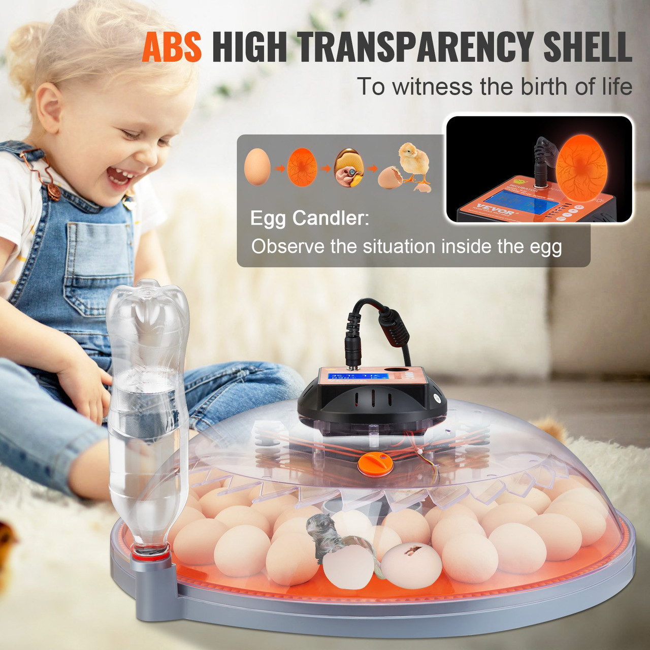 VEVOR 48 Egg Incubator, Incubators for Hatching Eggs, 360° Automatic Egg Turner with Temperature and Humidity Display, 48 Eggs Poultry Hatcher with ABS Transparent Shell for Chicken, Duck, Quail