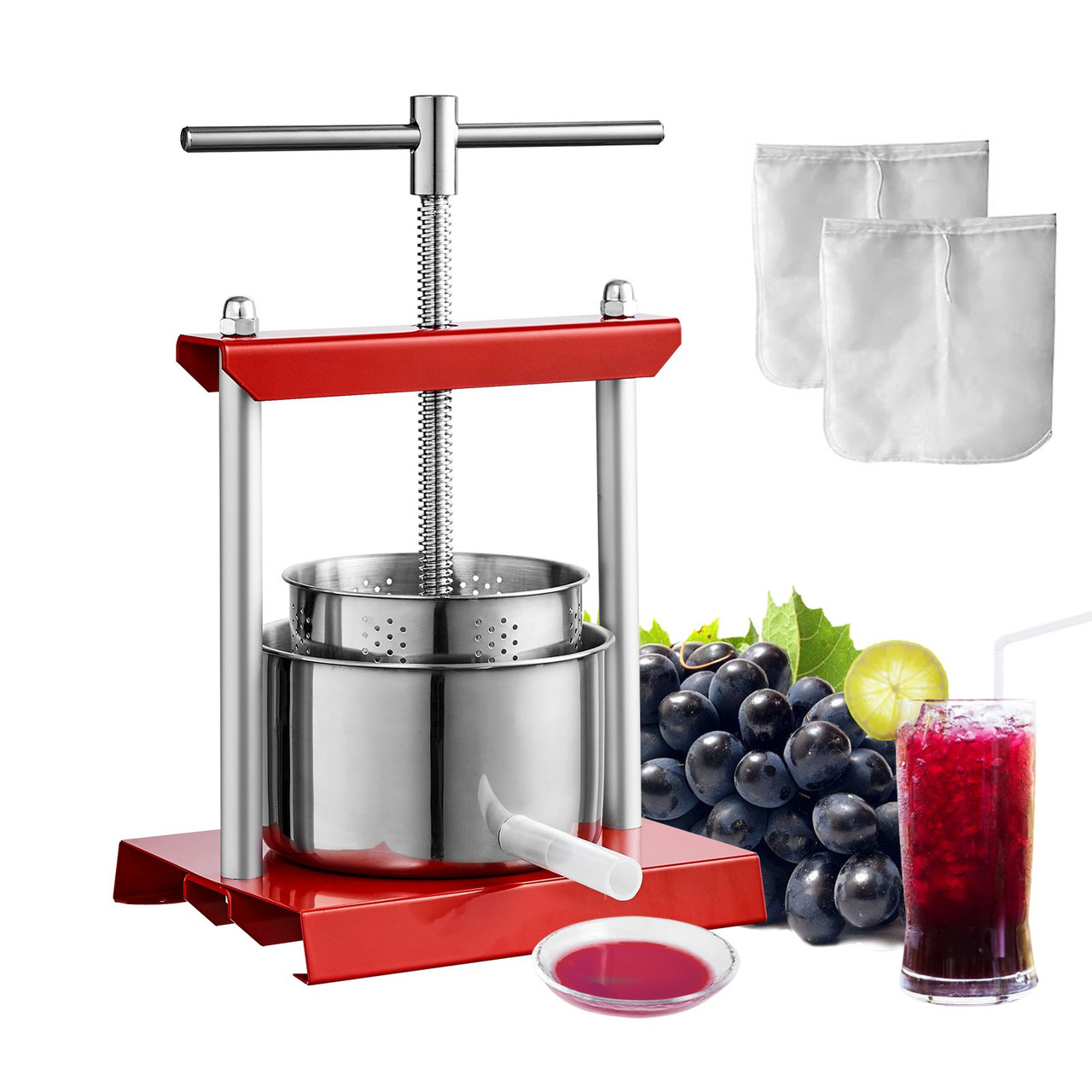 VEVOR Fruit Wine Press, 0.8 Gallon/3L, 2 Stainless Steel Barrels, Manual Juice Maker, Cider Apple Grape Tincture Vegetables Honey Olive Oil Making Press with T-Handle for Outdoor, Kitchen, and Home