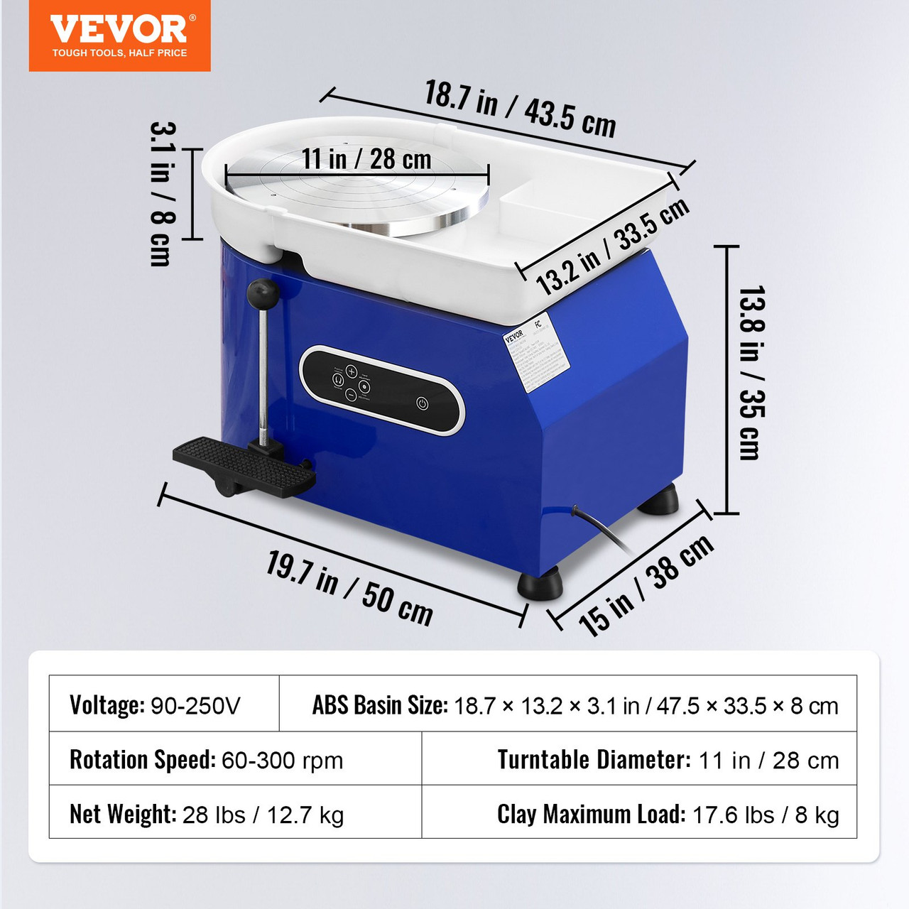 VEVOR Pottery Wheel, 450W, For Adults and Beginners, 11in Clay Wheel Machine, Adjustable 60-300RPM Speed Handle and Pedal, ABS Detachable Basin, Accessory Kit for Craft DIY, LCD Touch Screen, Blue