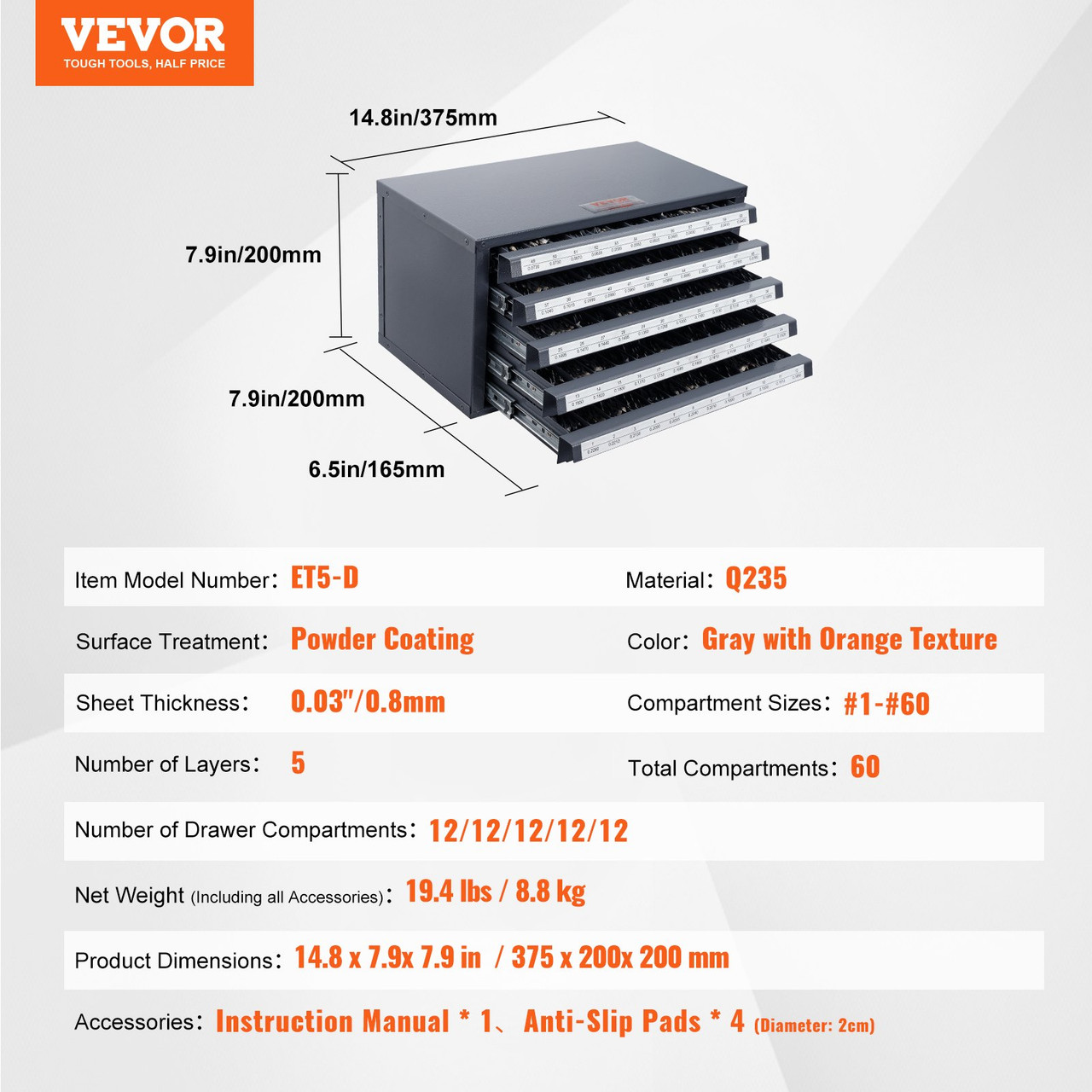 VEVOR Drill Bit Dispenser Cabinet, Five-Drawer Drill Bit Organizer Cabinet for #1 to #60 Steel Drill Dispenser Organizer Cabinet with Labels, Stackable Drill Dispenser for Drill Bit Storage