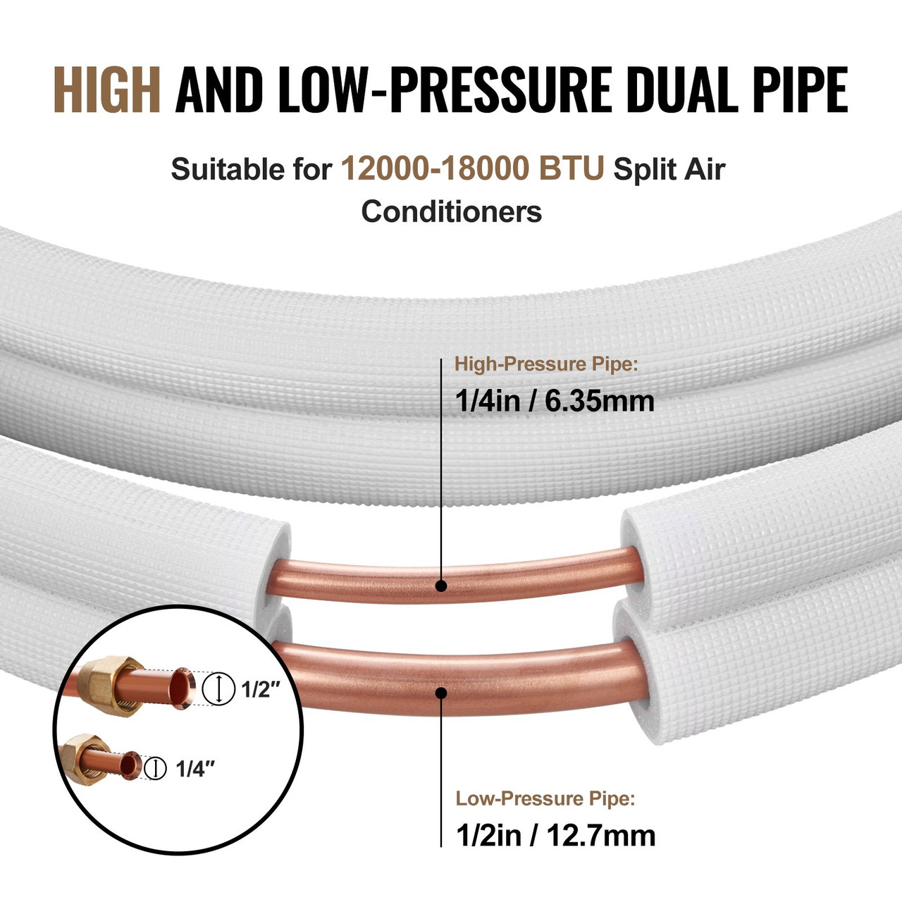 VEVOR 25FT Mini Split Line Set, 1/4" & 1/2" O.D Copper Pipes Tubing and Triple-Layer Insulation, for Mini Split Air Conditioning Refrigerant or Heating Pump Equipment & HVAC with Wrapping Strips.