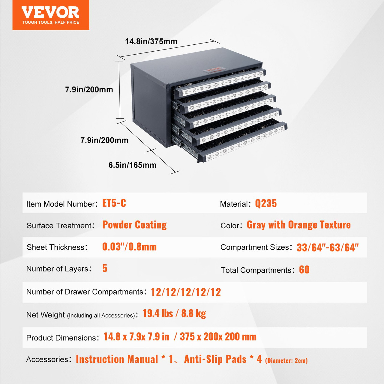 VEVOR Drill Bit Dispenser Cabinet, Five-Drawer Drill Bit Organizer Cabinet for 33/64" to 63/64" Steel Drill Dispenser Organizer Cabinet with Labels, Stackable Drill Dispenser for Drill Bit Storage