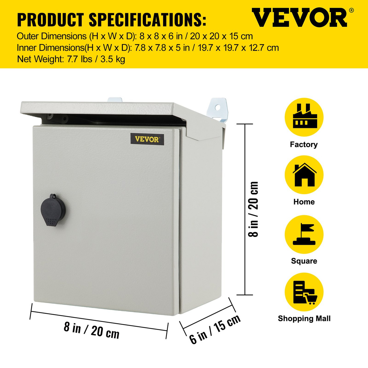 VEVOR Electrical Enclosure, 8x8x6in, Tested to UL Standards NEMA 4 Outdoor Enclosure, IP65 Waterproof & Dustproof Cold-Rolled Carbon Steel Hinged Junction Box for Outdoor Indoor Use, with Rain Hood