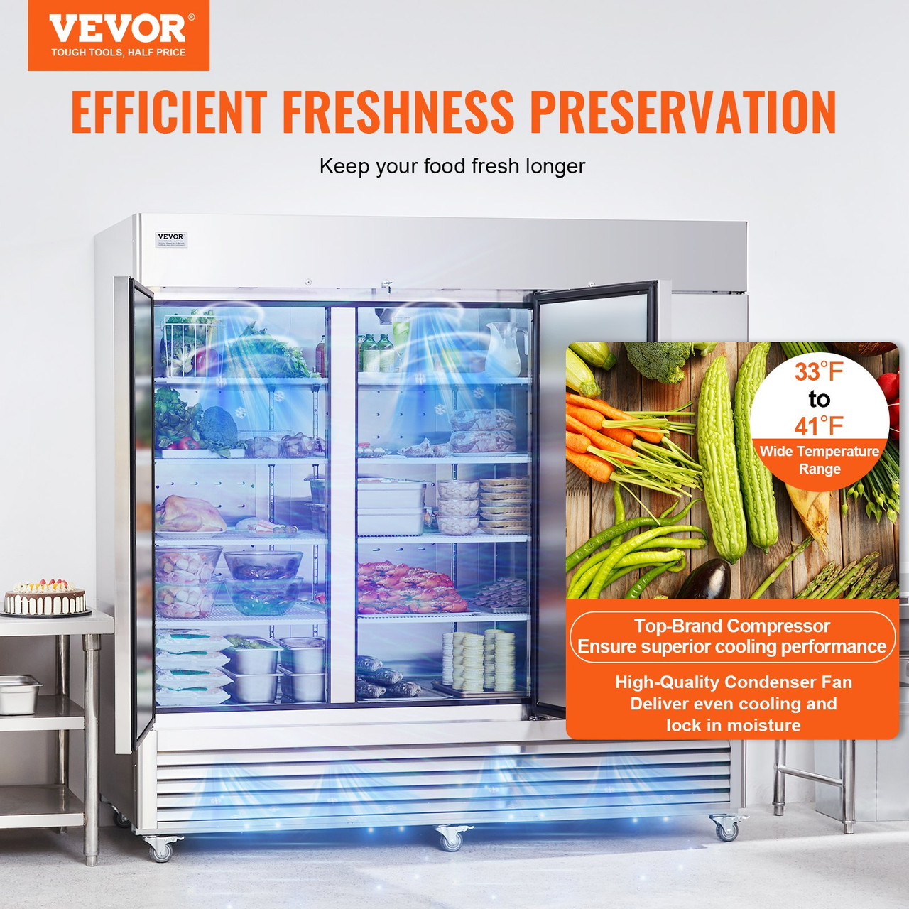 VEVOR Commercial Refrigerator 60.42 Cu.ft, Reach In 82.5" W Upright Refrigerator 3 Doors, Auto-Defrost Stainless Steel Reach-in Refrigerator & 12 Shelves, 33 to 41? Temp Control, LED Light, 4 Wheels