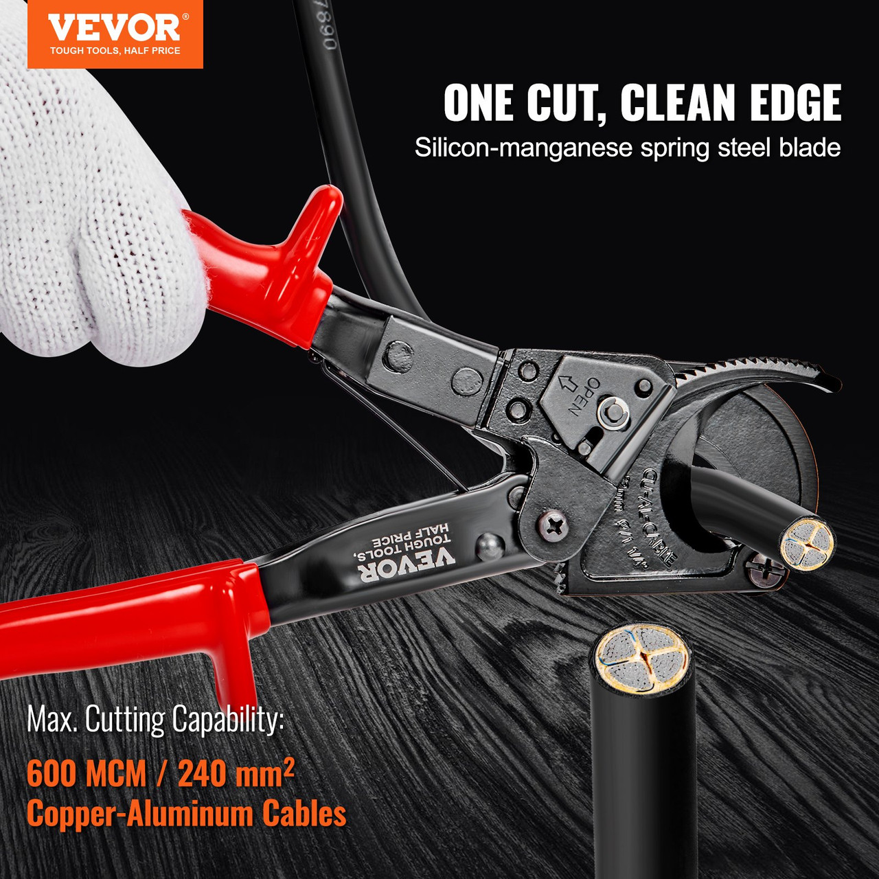 VEVOR Ratcheting Cable Cutter, 10" Wire Cutter Heavy Duty with Gloves, Strong Silicon-Manganese Spring Steel Blade-for Cutting Up to 240 mm² /473 MCM Electrical Wire