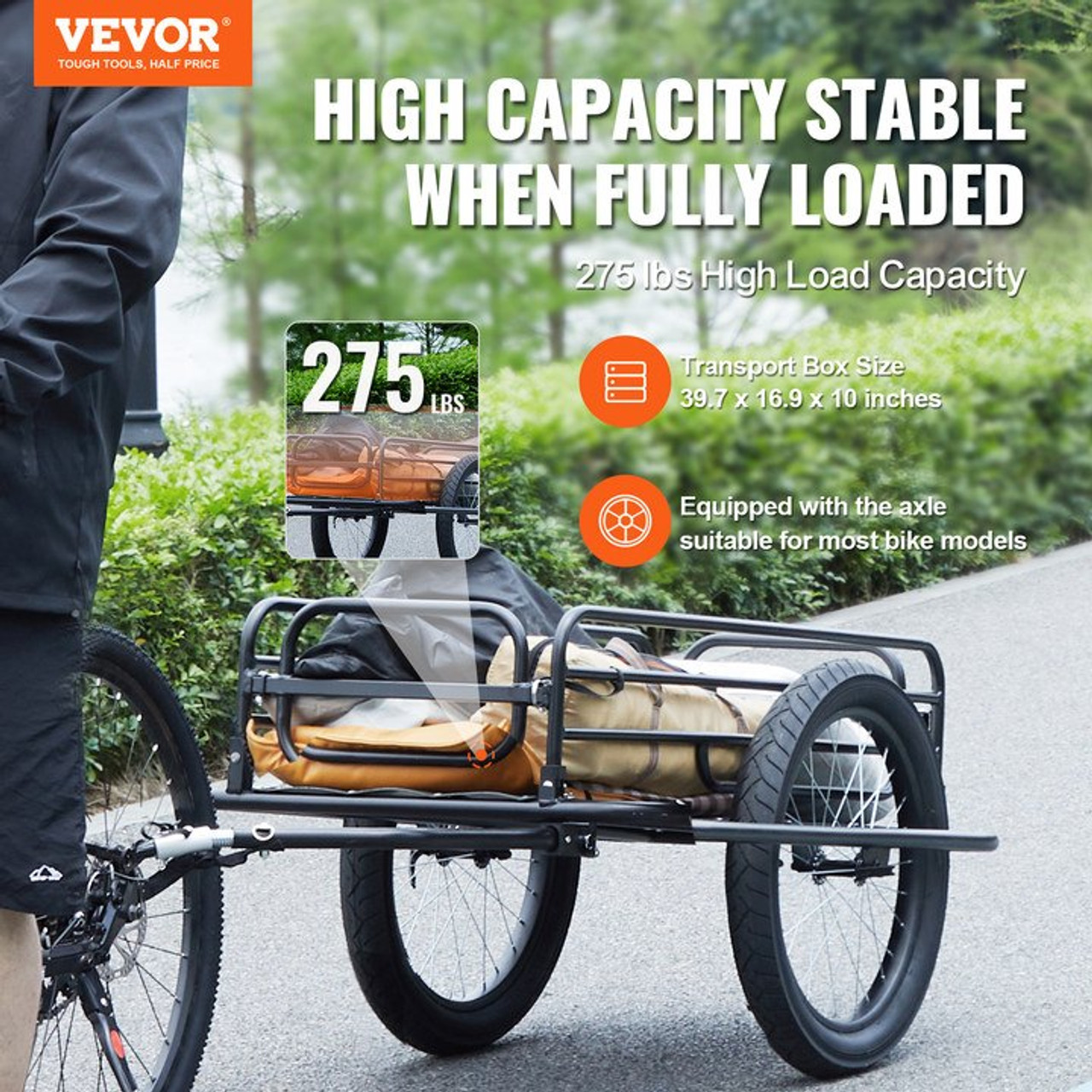 VEVOR Bike Cargo Trailer, 275 lbs Load Capacity, Heavy-Duty Bicycle Wagon Cart, Foldable Compact Storage & Quick Release with Universal Hitch, 20" Wheels, Fits Most Bike Wheels, Carbon Steel Frame