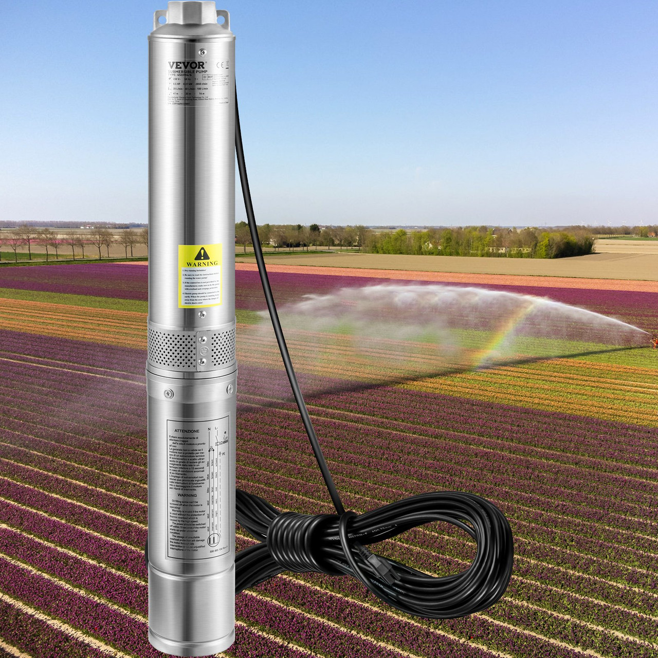 VEVOR Deep Well Submersible Pump, 3HP/2200W 230V/60Hz, 37GPM Flow 640 ft Head, with 33 ft Electric Cord, 4 inch Stainless Steel Water Pumps for Industrial, Irrigation & Home Use, IP68 Waterproof Grade