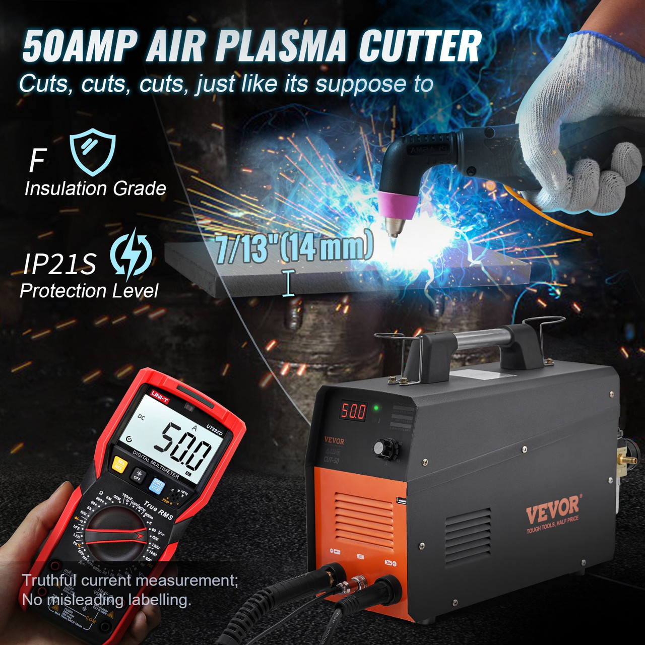 VEVOR Plasma Cutter, 50Amp, Air Cutting Machine with Plasma Torch, 110V/220V Dual Voltage AC IGBT Inverter Metal Cutting Equipment for 1/2" Clean Cut Aluminum and Stainless Steel, Black