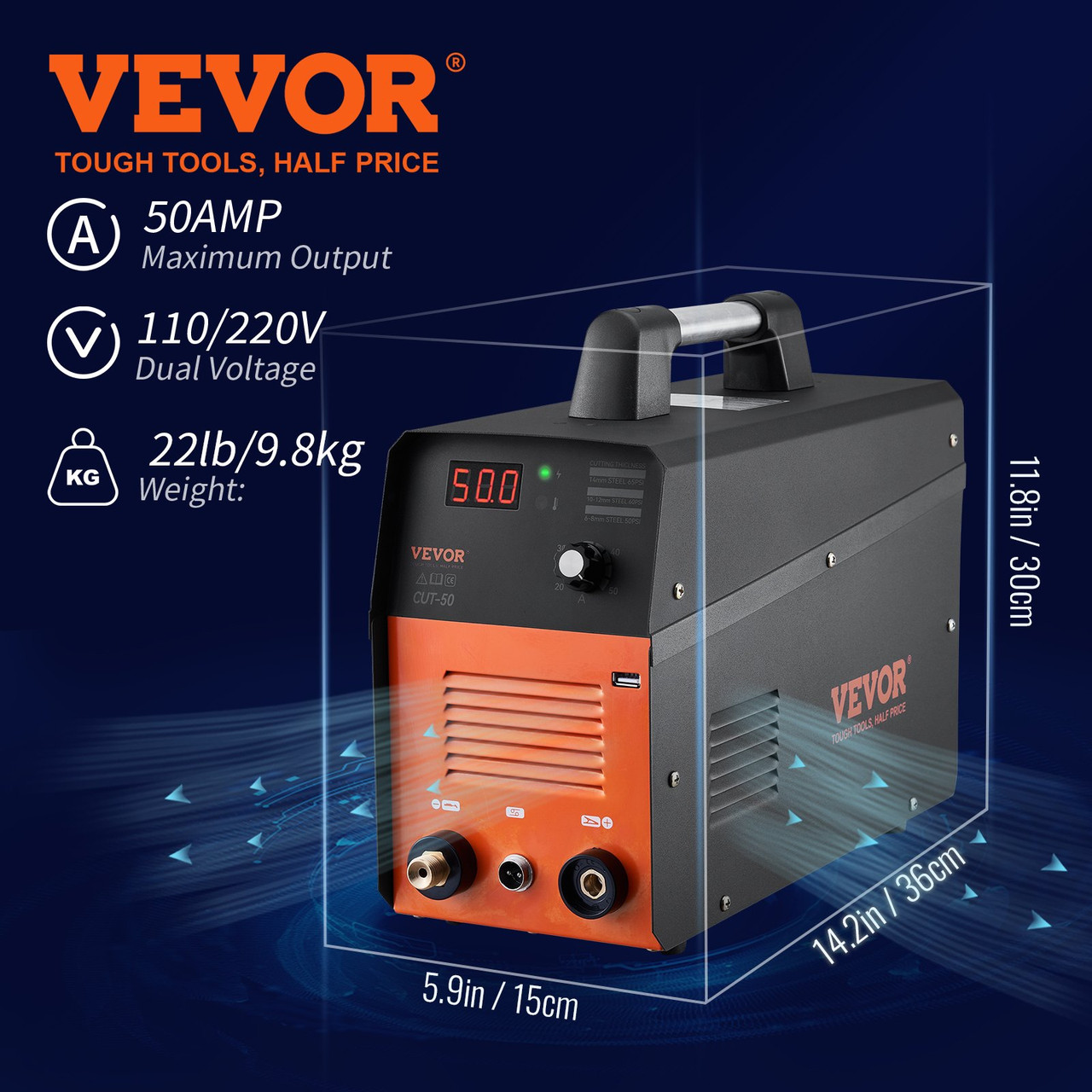 VEVOR Plasma Cutter, 50Amp, Air Cutting Machine with Plasma Torch, 110V/220V Dual Voltage AC IGBT Inverter Metal Cutting Equipment for 1/2" Clean Cut Aluminum and Stainless Steel, Black