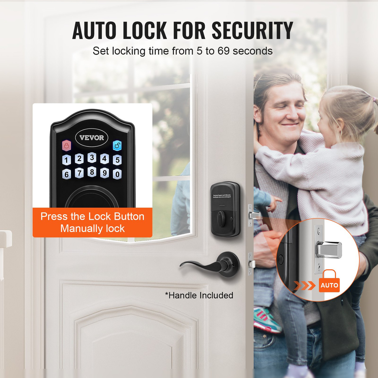 VEVOR Keyless Entry Door Lock with Handle, Electronic Keypad Entry Lever, Password and Key Unlock Combination Door Lock, Auto-Locking Keypad Door Lock with Deadbolt for Front Door, Matte Black