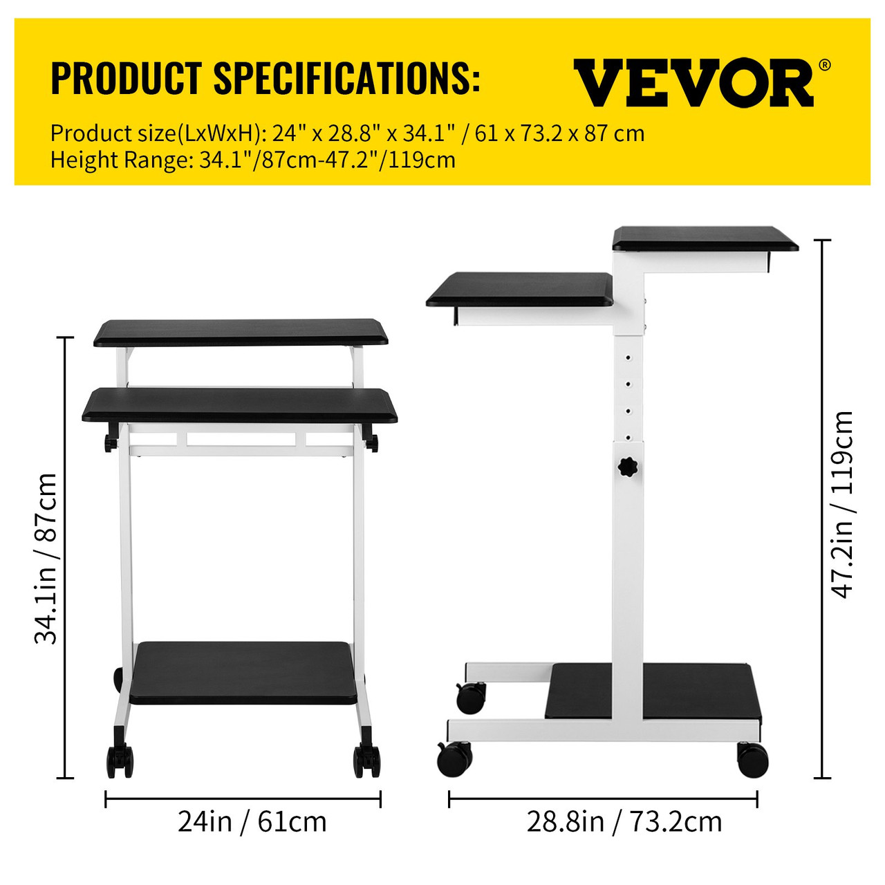 VEVOR Mobile Standing Desk, Rolling Laptop Desk w/ Three Shelves, 34-47in Adjustable Height with Four 360° Rotation Wheels for Home, Office