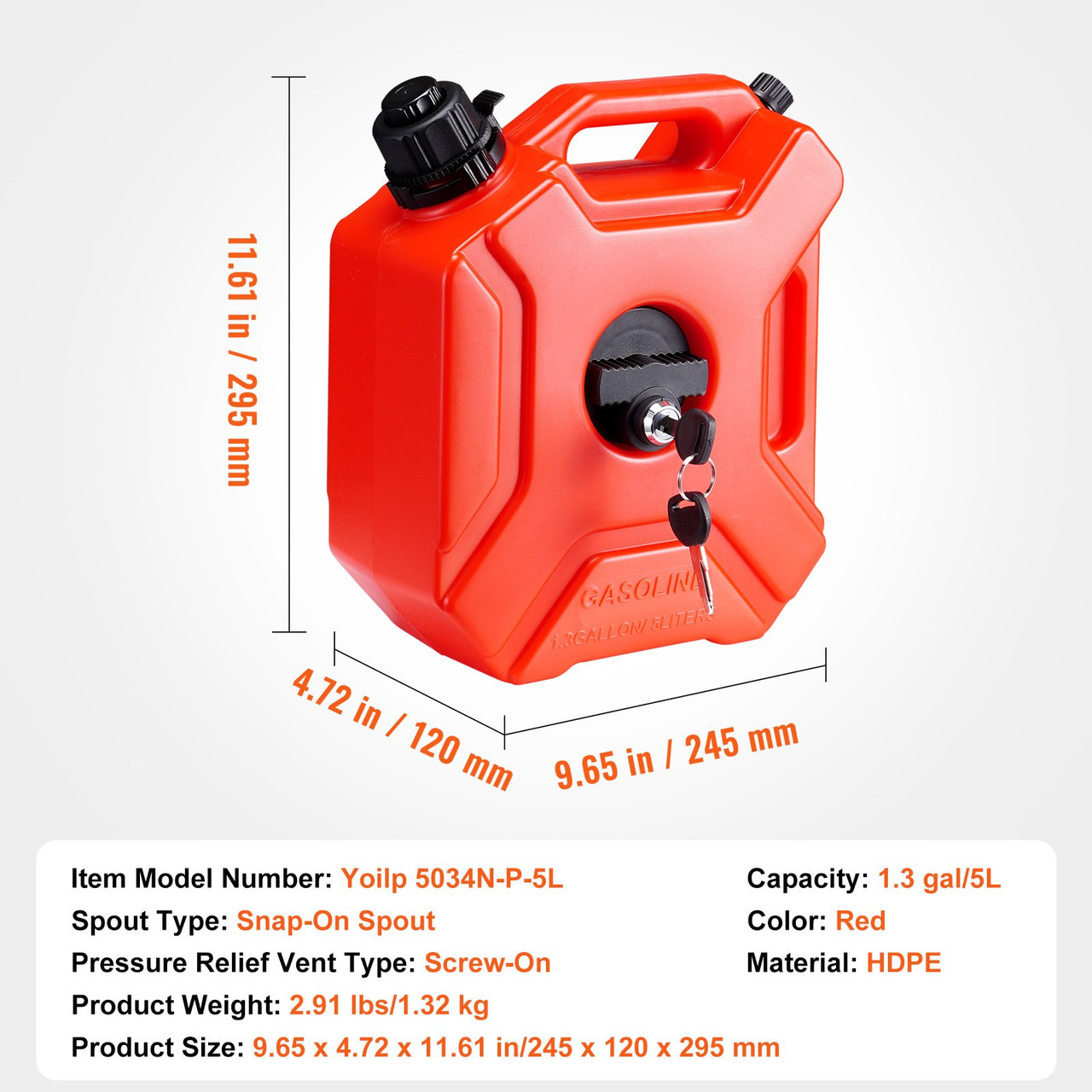 VEVOR Water Can, 1.3 Gallon/5L, Water Tank with Spout and Lockable Bracket, Storage Water Container, Auto-Off Function & Adjustable Flow Rate, Compatible with Most Cars Motorcycle SUV ATV UTV, Red