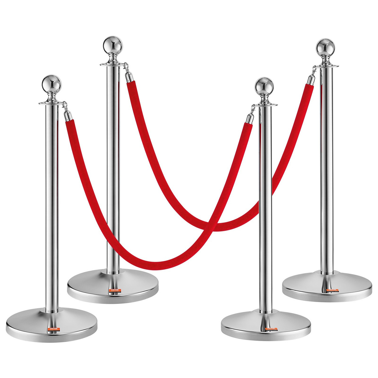 VEVOR Stanchion Post with Velvet Rope, 4-Pack Crowd Control Stanchion with 2PCS 5FT Red Velvet Ropes, Stainless Steel Queue Barrier Line Divider with Fillable Plastic Base, Ball Top for Wedding Museum