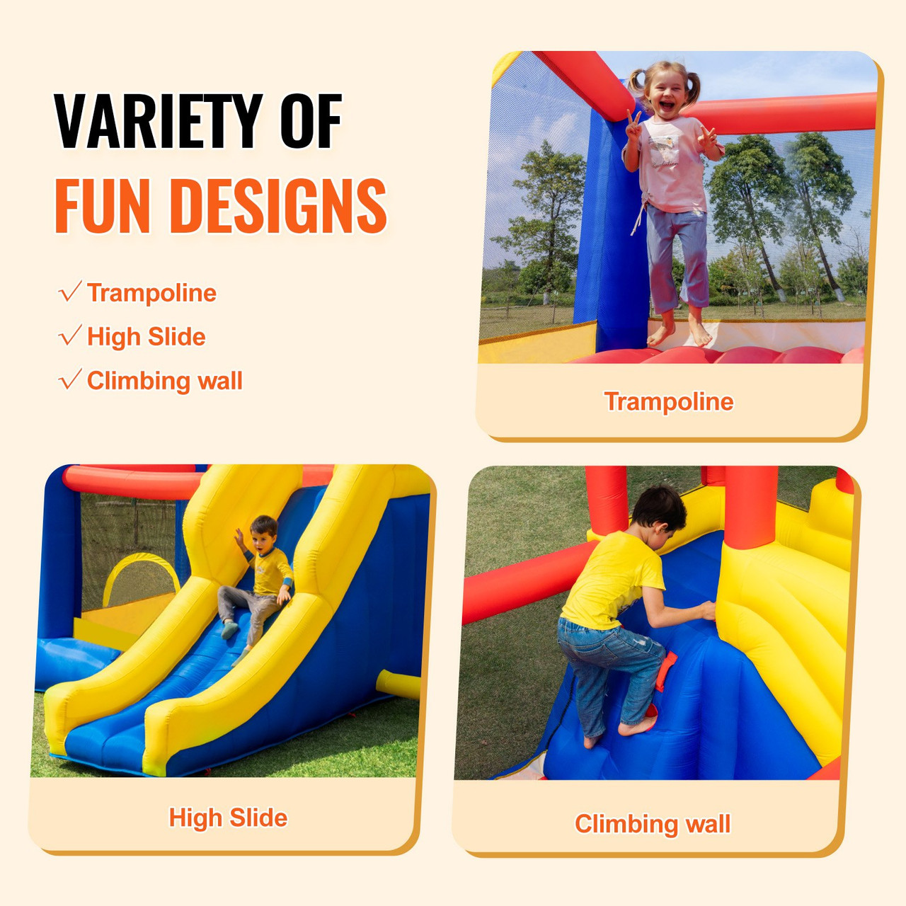 VEVOR Inflatable Bounce House, Outdoor High Quality Playhouse Trampoline, Jumping Bouncer with Blower, Slide, and Storage Bag, Family Backyard Bouncy Castle, for Kid Ages 3-8 Years, 134x102x91 inch