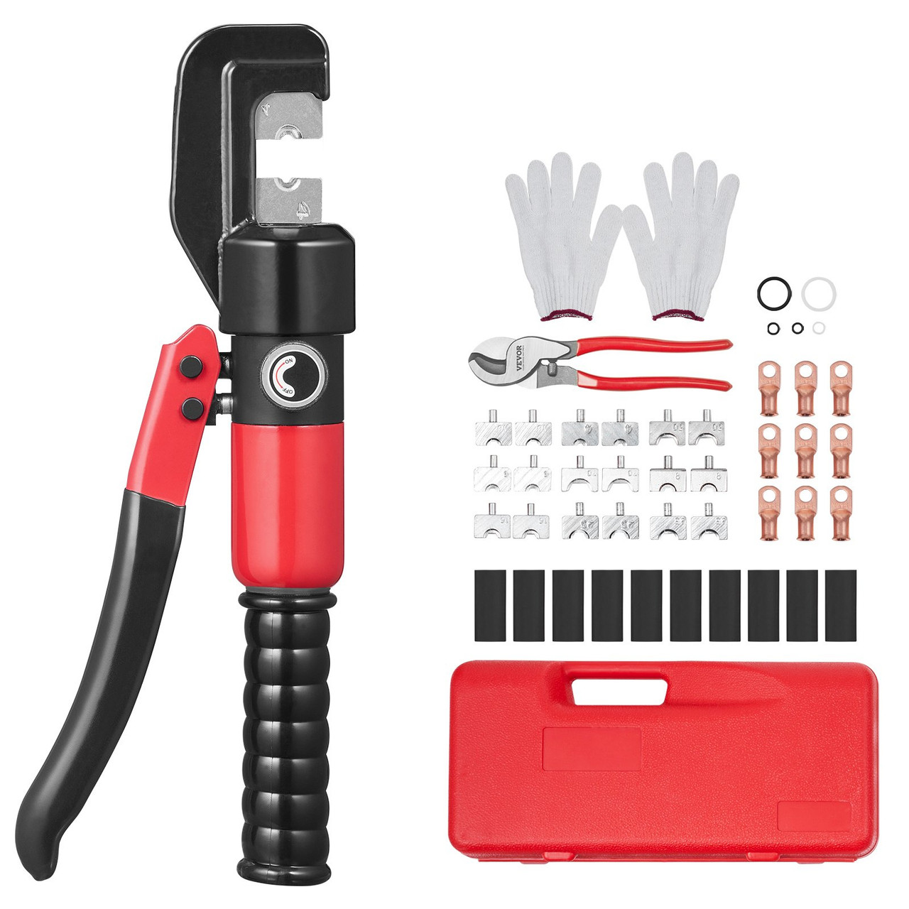 VEVOR Hydraulic Crimping Tool with 9 Sets of Dies AWG12-2/0 Copper And Aluminum Terminal Battery Lug Crimper, with a Cutting Pliers, Gloves, 10pcs Copper Ring Connectors, 8pcs Heat Shrink Sleeves