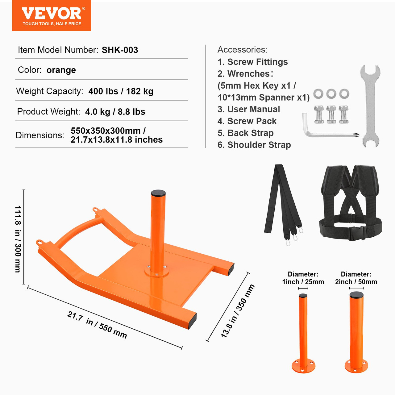 VEVOR Weight Training Pull Sled, Fitness Strength Speed Training Sled, Steel Power Sled Workout Equipment for Athletic Exercise and Speed Improvement, Suitable for 1" & 2" Weight Plate, Orange