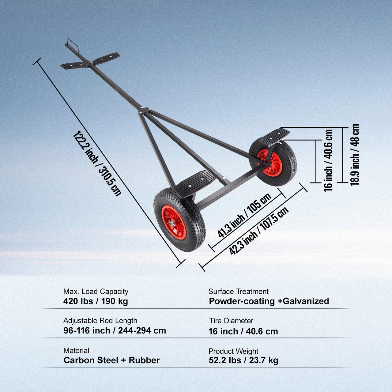 VEVOR Boat Trailer Dolly, 420lbs Load Capacity, Carbon Steel Trailer Mover with 96''-116'' Adjustable Length, 16'' Pneumatic Tires & Nonslip Support Bracket, for Moving Kayak Motorboat Fishing Boat