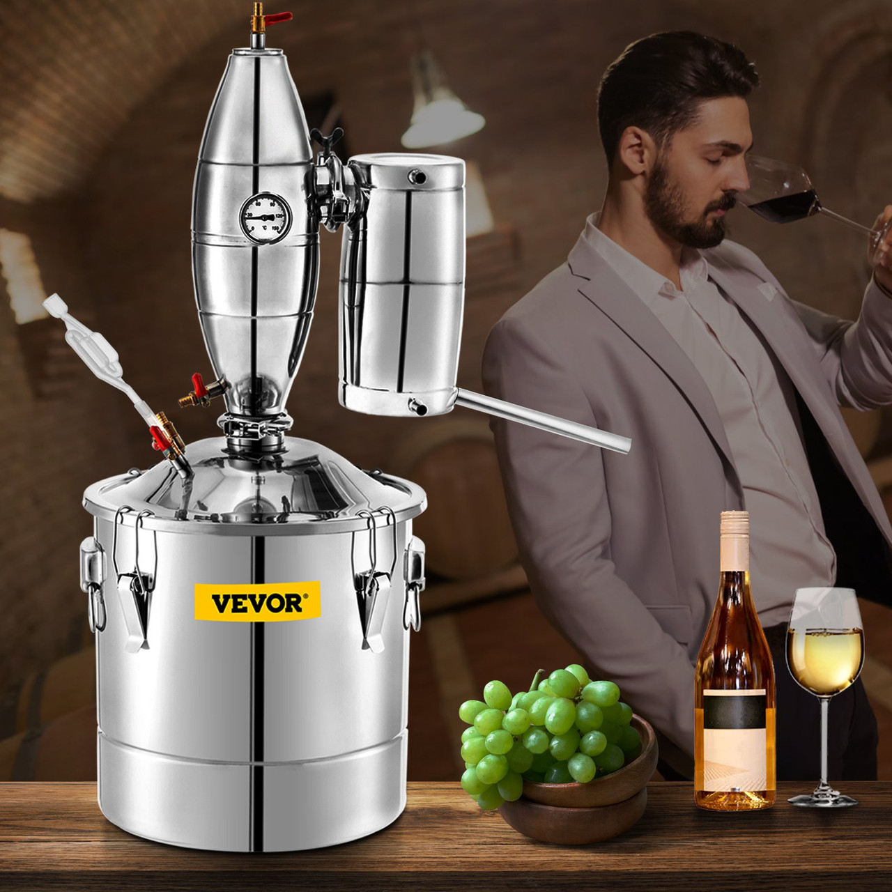VEVOR 20L 5.3Gal Water Alcohol Distiller 304 Stainless Steel Alcohol Still Wine Making Boiler Home Kit with Thermometer for Whiskey Brandy Essential, Sliver