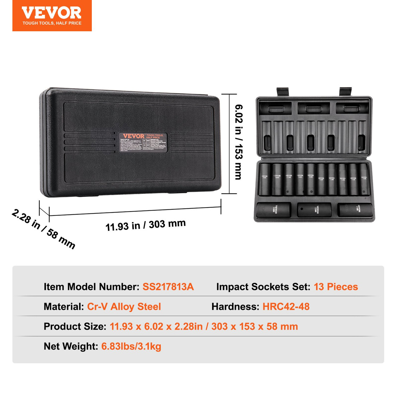 VEVOR 1/2" Drive Impact Socket Set, 13 Piece Deep Socket Set Metric 10-24mm, 6 Point CR-V Alloy Steel for Auto Repair, Easy-to-Read Size Markings, Rugged Construction, Includes Storage Case