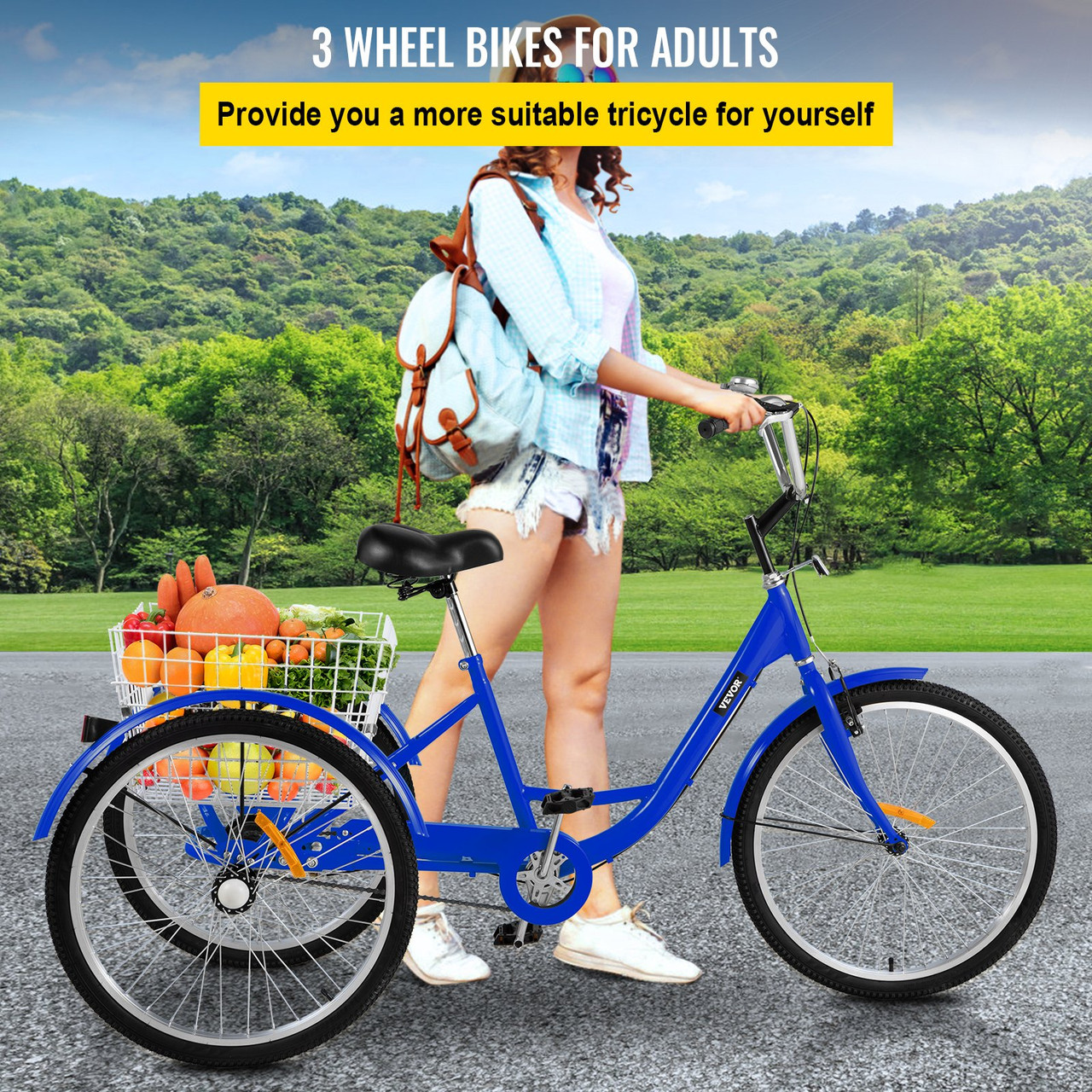 VEVOR Adult Tricycle 24" 1-Speed 3 Wheel Blue Exercise Shopping Bicycle Large Basket