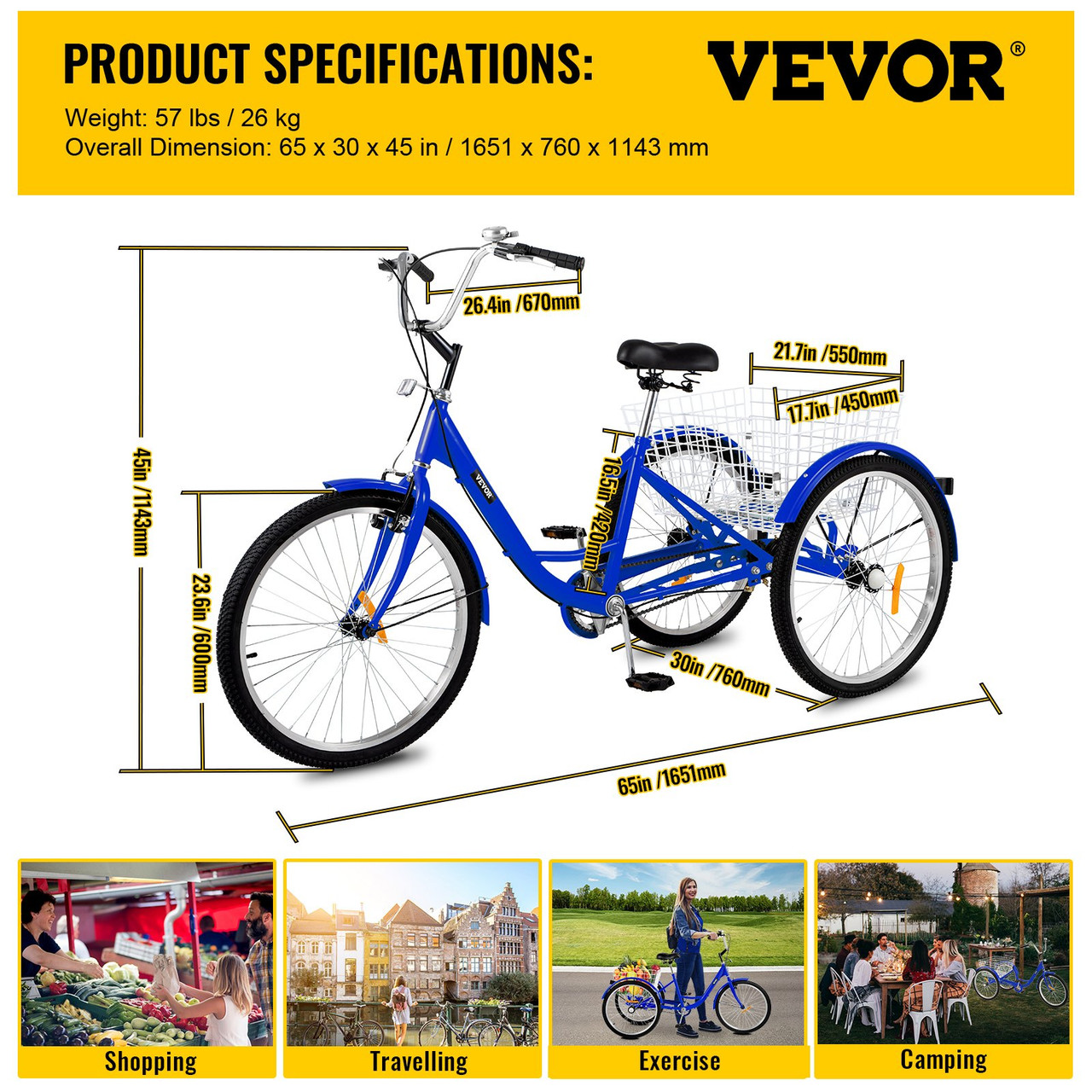 VEVOR Adult Tricycle 24" 1-Speed 3 Wheel Blue Exercise Shopping Bicycle Large Basket