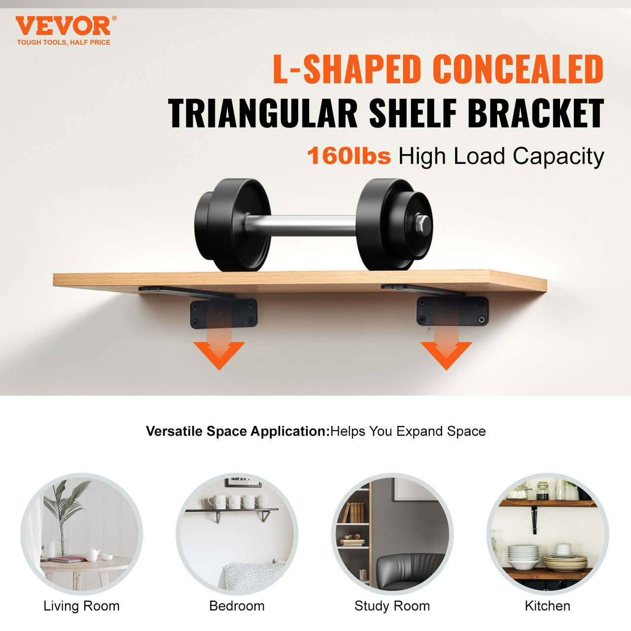 VEVOR Shelf Bracket, 6”L x 4”W x 1.6”H 6 Pcs, Heavy Duty Floating Shelf Brackets, Brackets for Shelves, 5mm Thick Matte Black L Shelf Bracket,Steel Shelving Brackets with 160 lbs Load Capacity