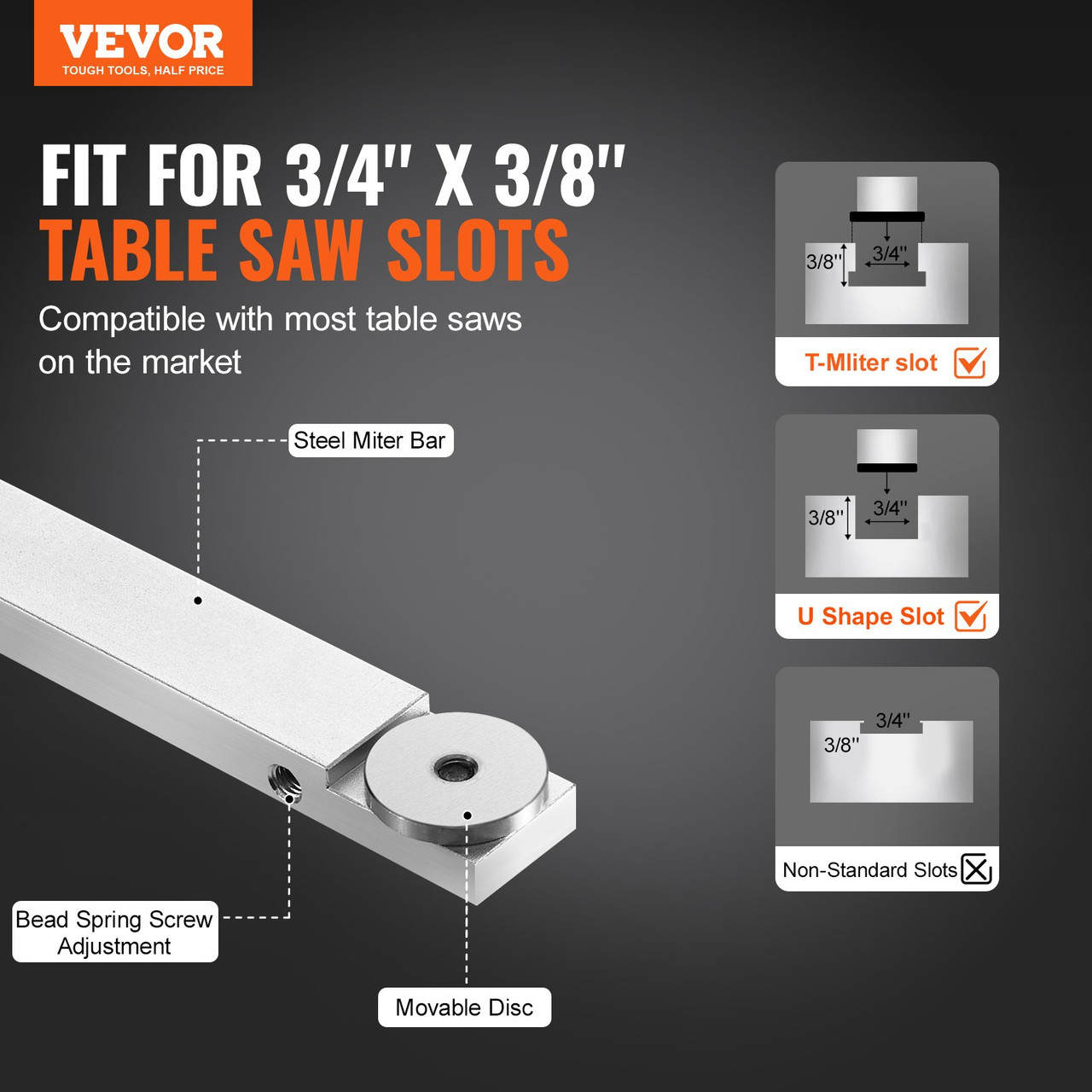 VEVOR Precision Miter Gauge, Standard Slot 3/4'' x 3/8'', Aluminum Alloy Table Saw Miter Gauge with 15 Angle Stops Adjustable Spring Loaded Plunger and Removable Disc, for Woodworking Tool Table Saw