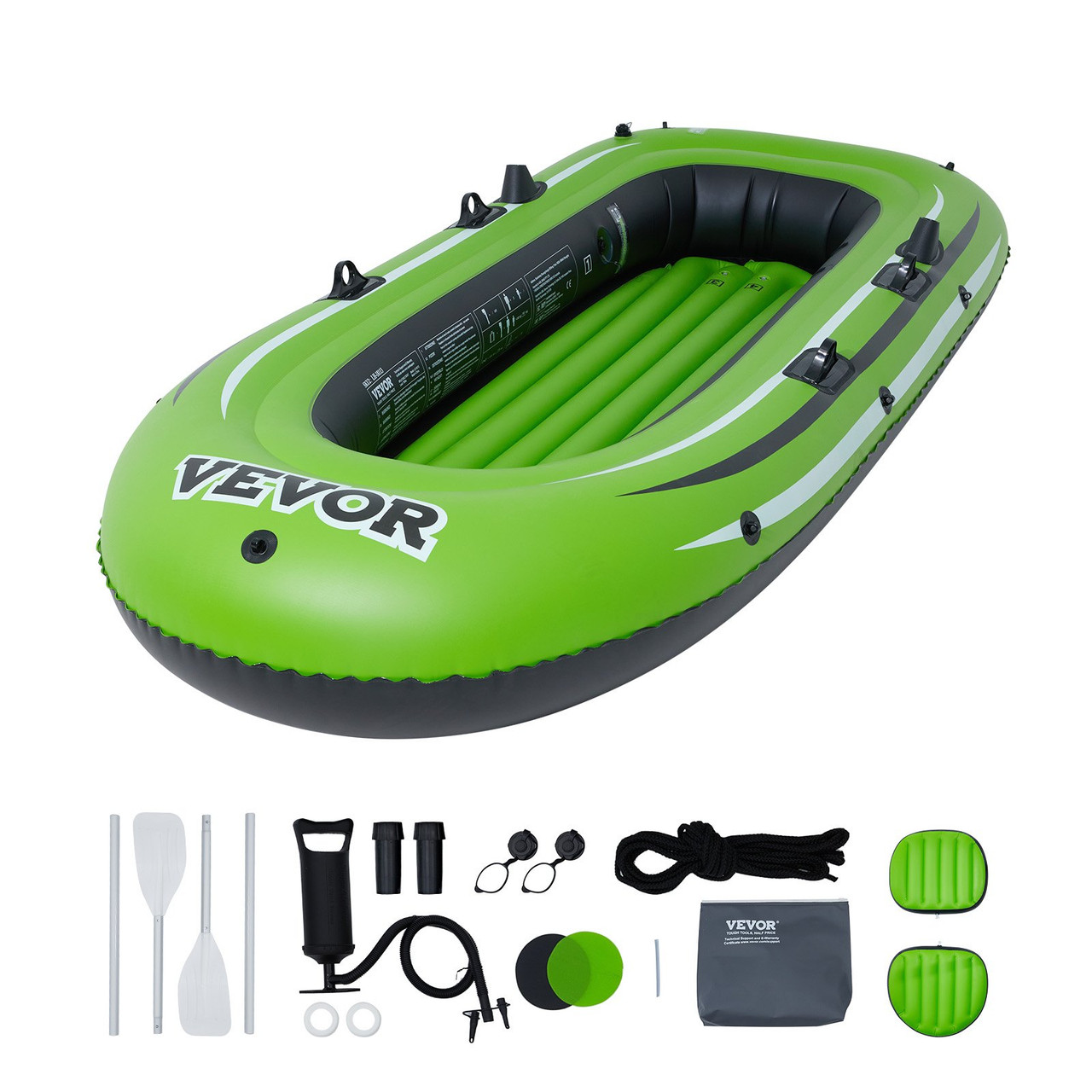 VEVOR Inflatable Boat, 3-Person Inflatable Fishing Boat, Strong PVC Portable Boat Raft Kayak, 45.6" Aluminum Oars, High-Output Pump, Fishing Rod Holders, and 2 Seats, 750 lb Capacity for Adults, Kids