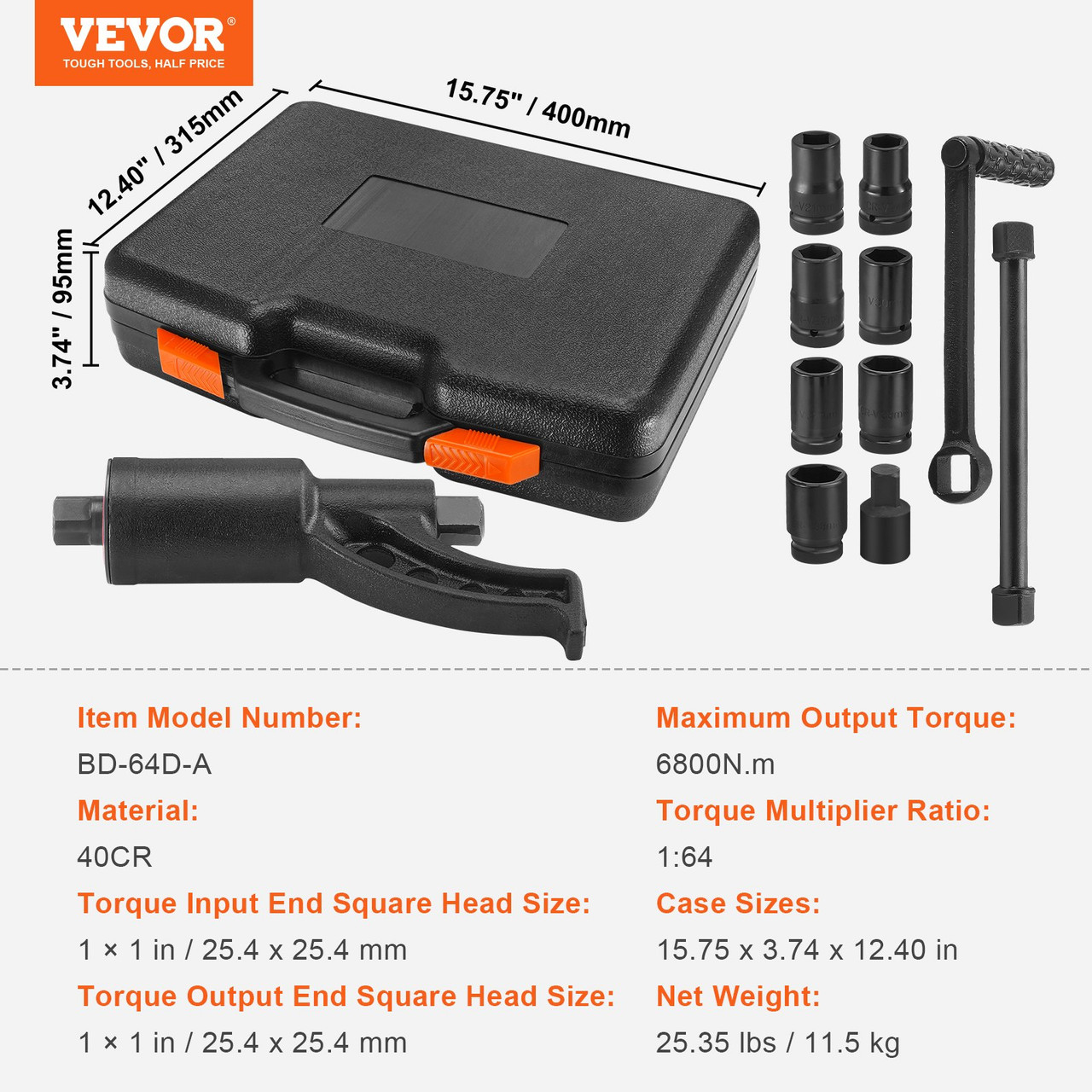 VEVOR Torque Multiplier, 1 Inch Drive Lug Nut Wrench/Multiplier Heavy Duty Torque Multiplier Wrench Set, 1:64 6,800N.m Lug Nut Remover, Includes 8 Sockets (24-38mm) and Storage Case