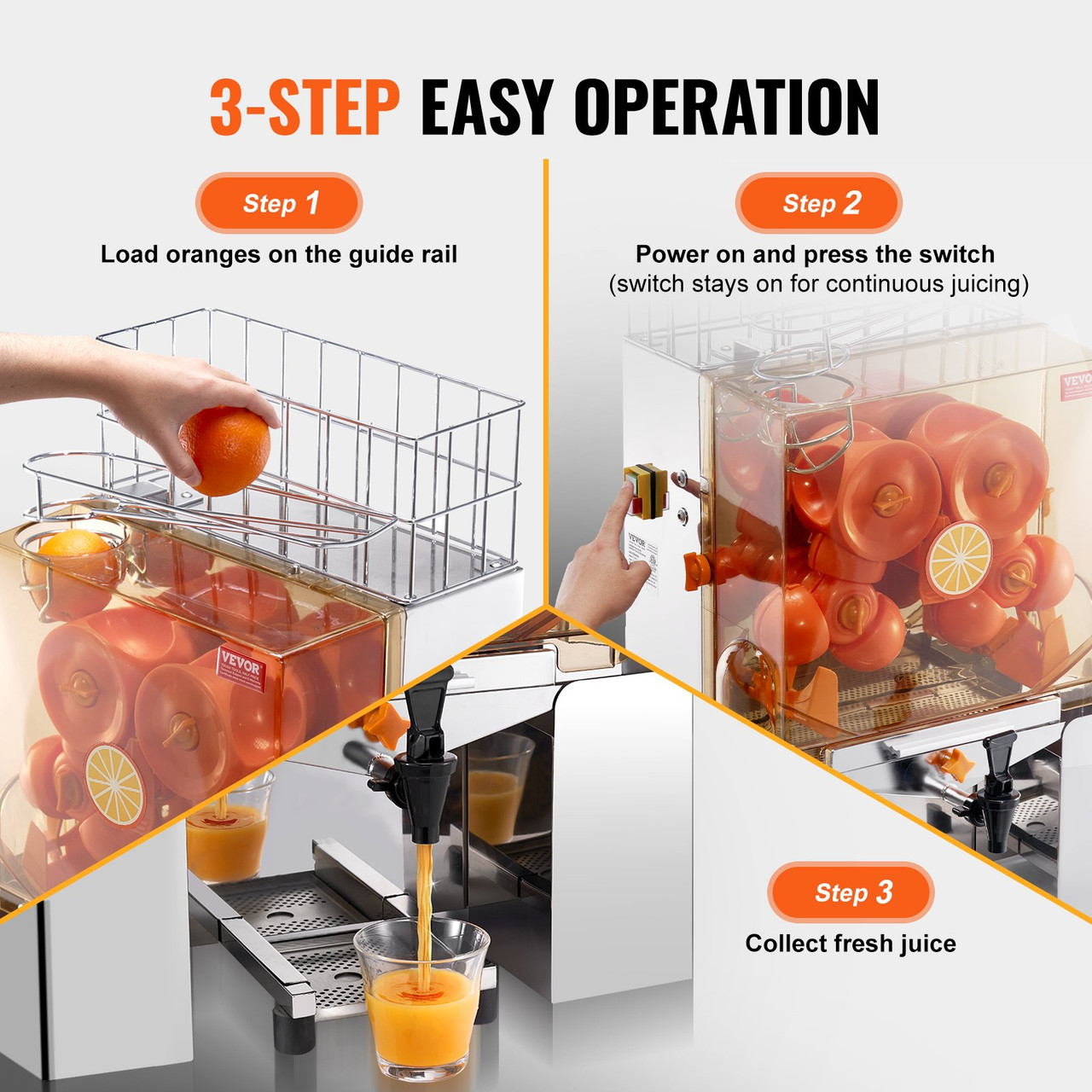 VEVOR Commercial Orange Juicer Machine, 120W Automatic Juice Extractor with Water Tap, Stainless Steel Orange Squeezer 20 Oranges/Minute, with Pull-Out Filter Box, PC Cover, 2 Peel Collecting Buckets