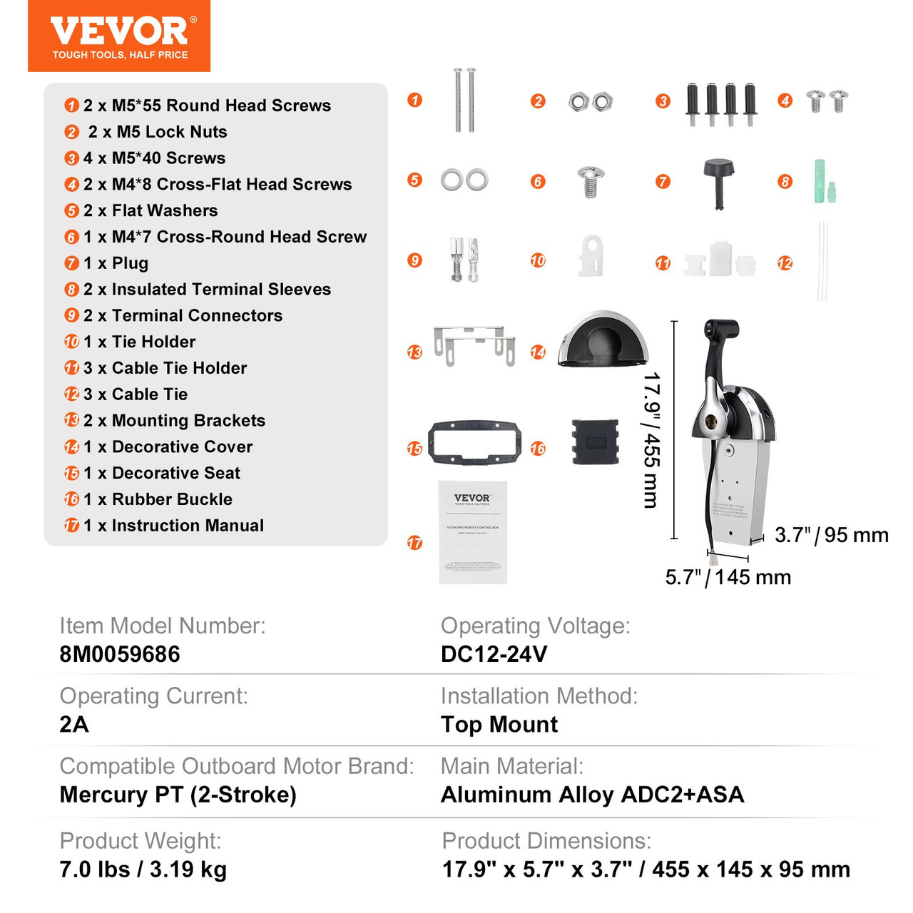 VEVOR Boat Throttle Control, 8M0059686 Top-Mounted Outboard Remote Control Box for Mercury PT 2-Stroke, Marine Throttle Control Gear Box with Power Trim Switch