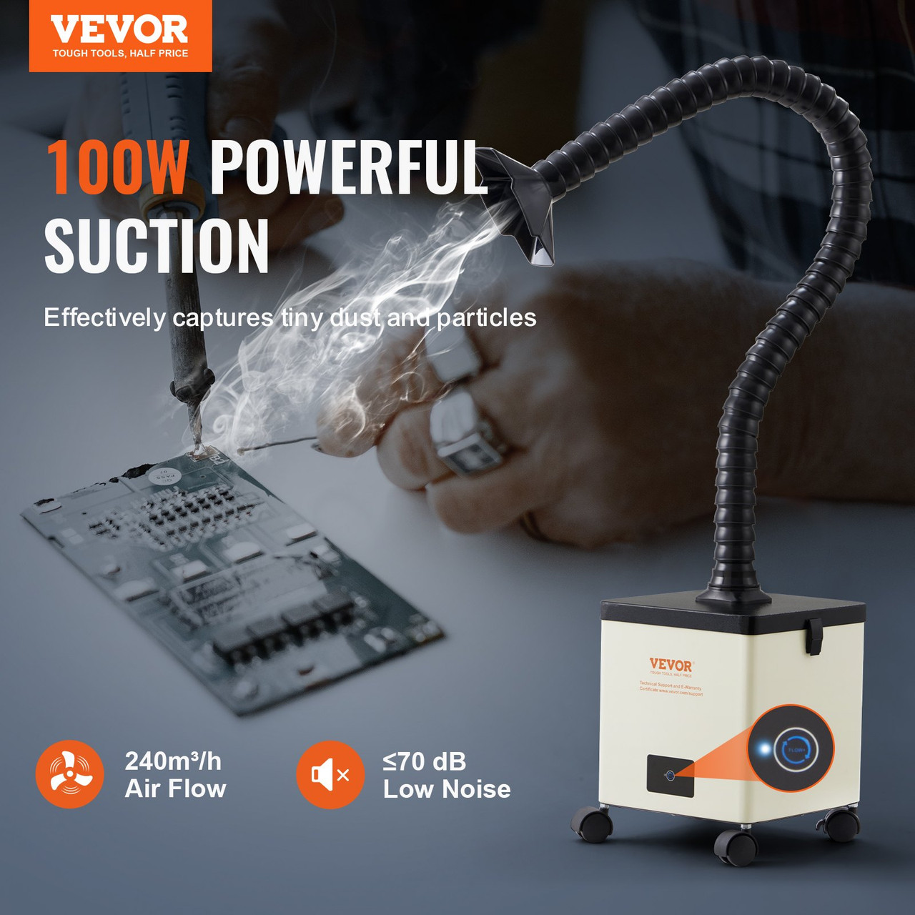 VEVOR Solder Fume Extractor, 100W Soldering Smoke Extractor with 3-Stage Filters, 240 m³/h Strong Suction Smoke Absorber and Purifier for Soldering, Engraving, DIY Welding, Salon