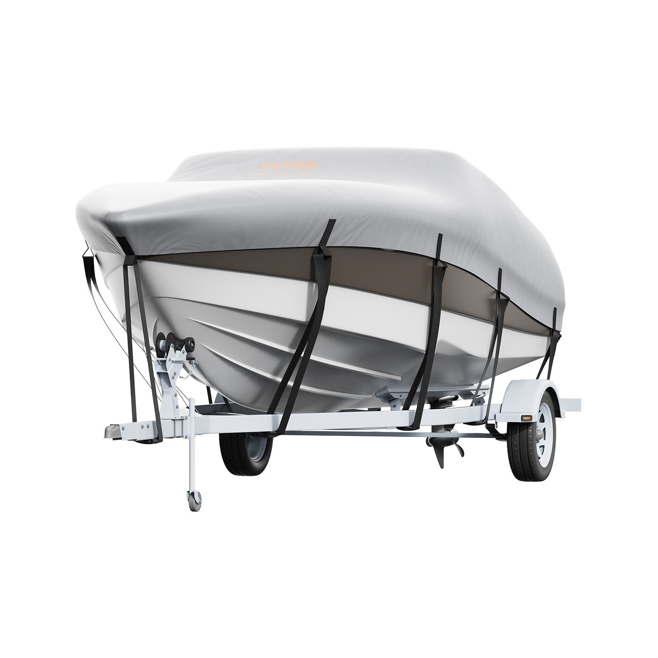 VEVOR Boat Cover, 23'-24' Trailerable Waterproof Boat Cover, 600D Marine Grade PU Oxford, with Motor Cover and Buckle Straps, for V-Hull, Tri-Hull, Fish Ski Boat, Runabout, Bass Boat, Grey