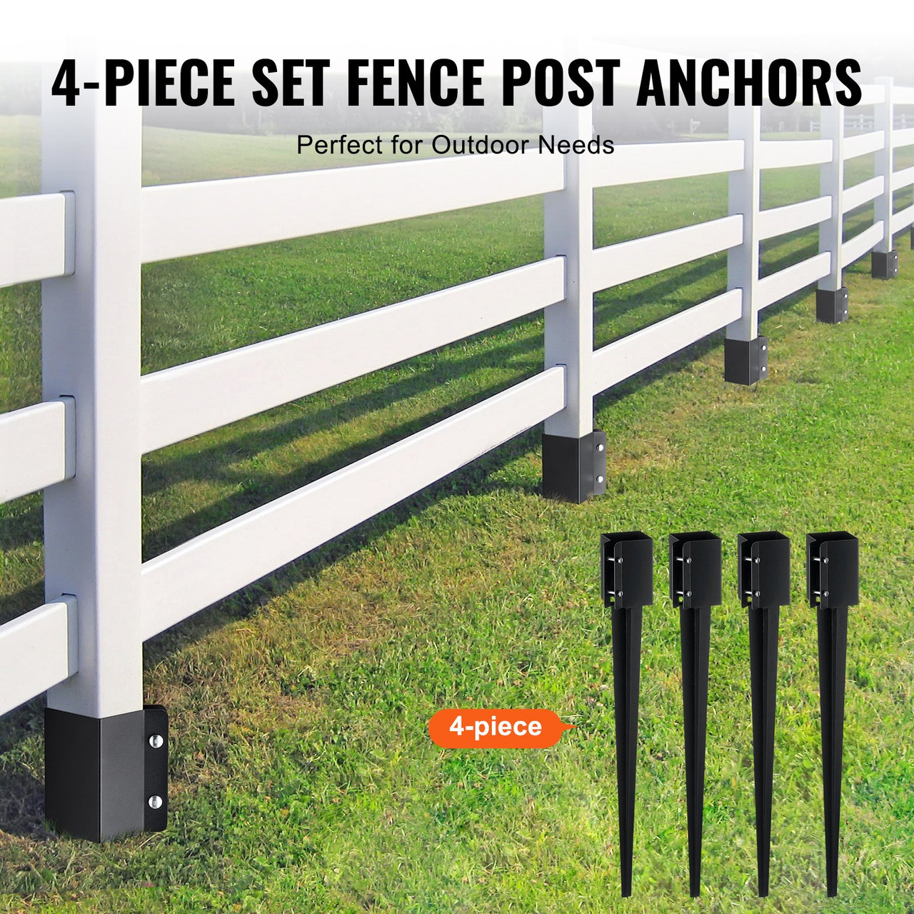 VEVOR Fence Post Anchor Ground Spike, 4 Pack 36 x 4 x 4 Inches Outer Diameter (Inner Diameter 3.5 x3.5 Inches), Metal Black Powder Coated Post Stake Ground, for Mailbox Deck Garden Railing