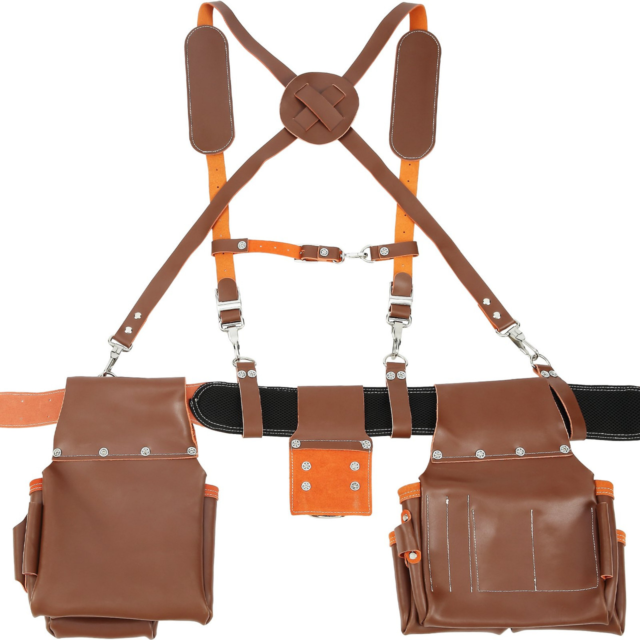 VEVOR Leather Tool Belt with Suspenders, 19 Pockets, 29-54 inches Adjustable Waist Size, Tool Belts for Men, Heavy Duty Carpenter Tool Pouch for Carpenters, Electricians, and Gardening, Brown