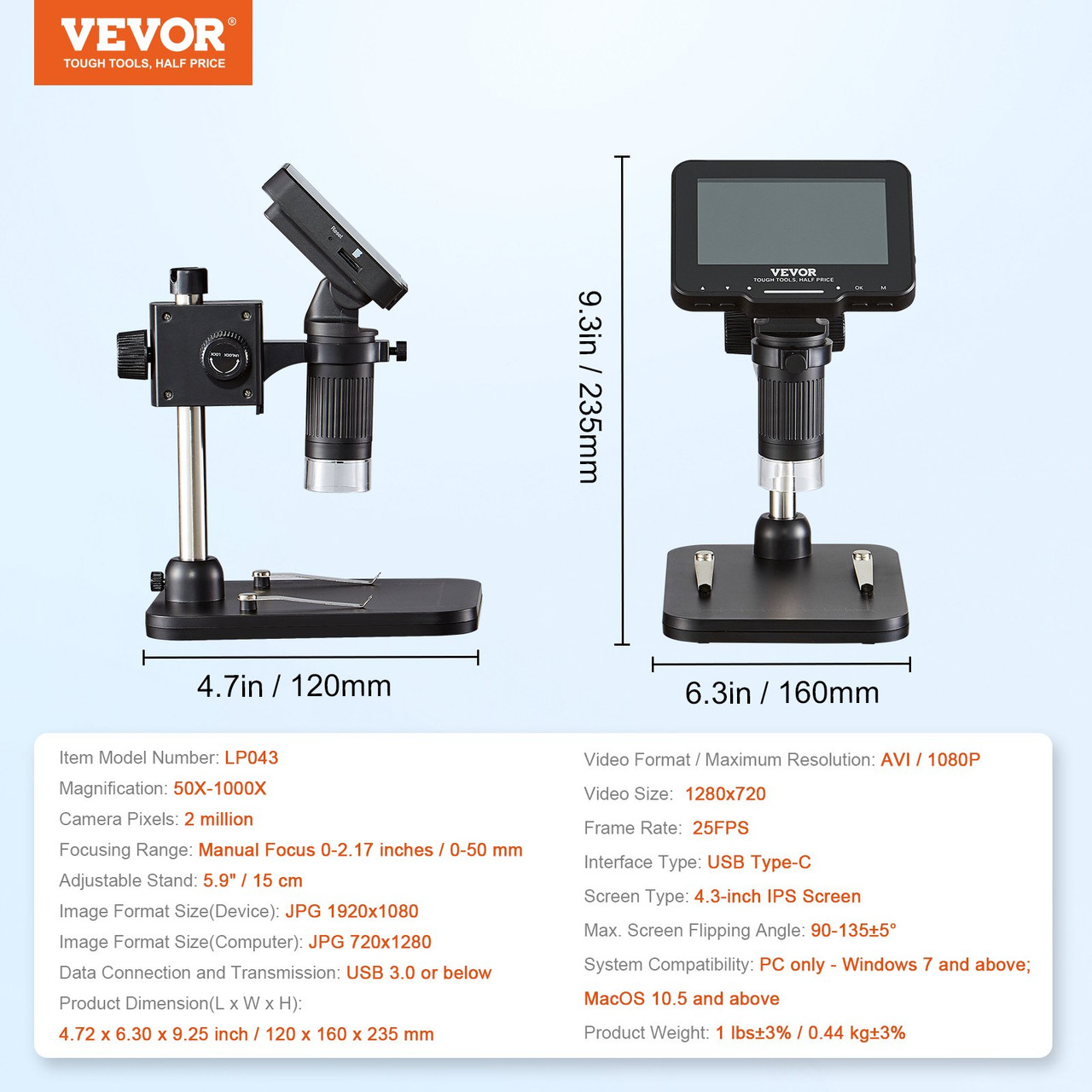 VEVOR Digital Microscope, 4.3” IPS Screen, 50X-1000X Magnification, 1080P Photo/Video Coin Microscope, Electronic Microscope with 8 LED Lights and 32GB Card,Compatible with Windows/Mac OS