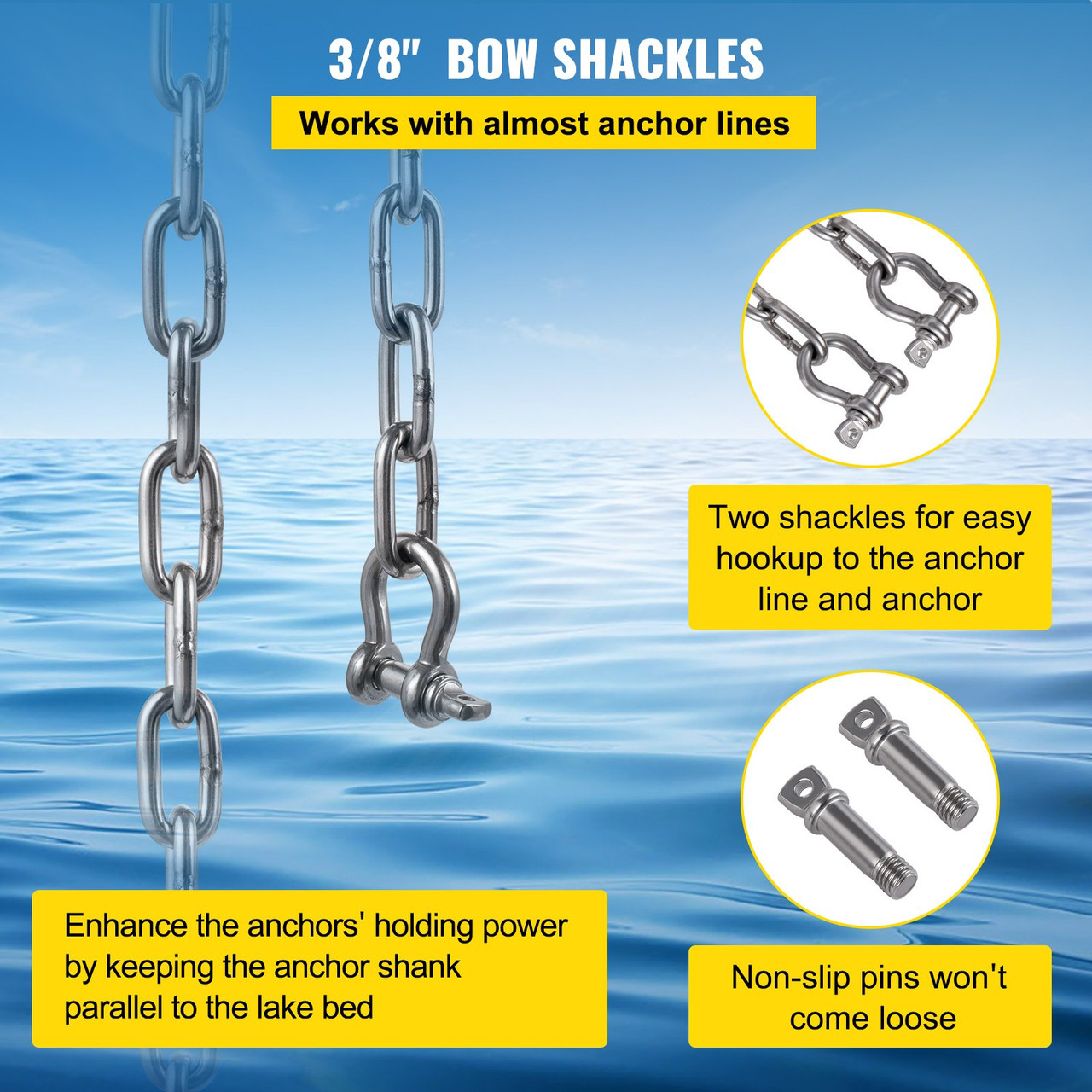 VEVOR Anchor Chain, 20' x 5/16" 316 Stainless Steel Chain, 3/8" Anchor Chain Shackle, 7120lbs Anchor Lead Chain Breaking Load, 9460lbs Anchor Chain Shackle Breaking Load, Anchor Chain for Small Boats