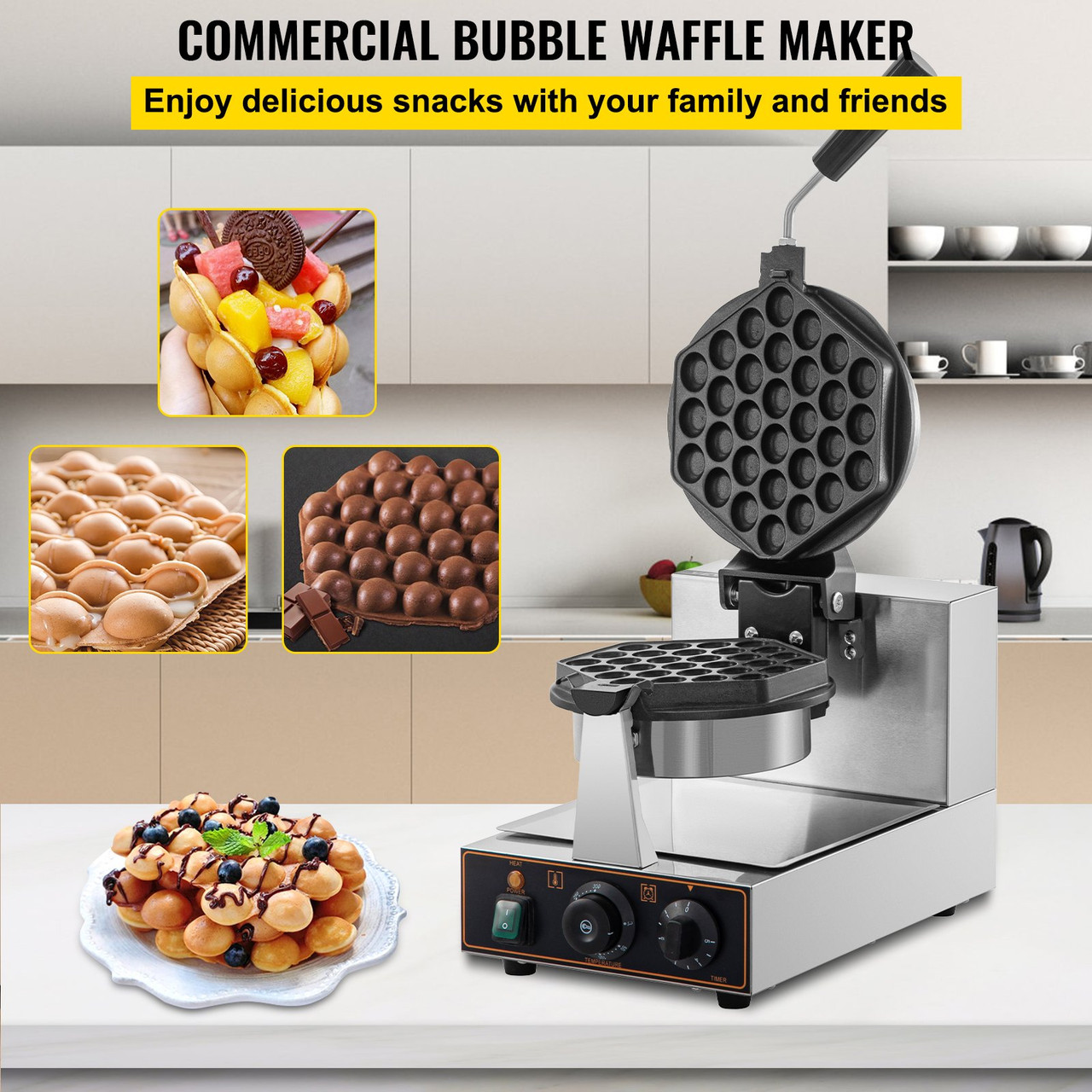 VEVOR Commercial Bubble Waffle Maker, Hexagonal Mould, 1200W Egg Bubble Puff Iron w/ 360°Rotatable 2 Pans & Bent Handles, Stainless Steel Baker w/ Non-Stick Teflon Coating, 50-300?/122-572? Adjustable