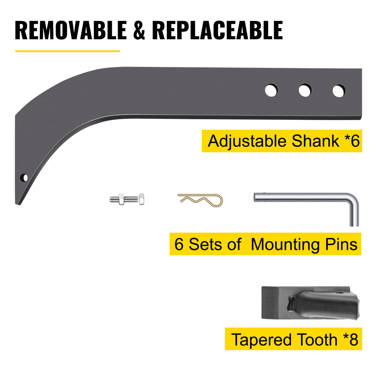 VEVOR 6pcs Box Blade Shank, 16'' Scarifier Shank, 3 Holes Box Scraper Shank, Ripper Shank with Removable Tapered Teeth and Pins, Adjustable Shanks Assembly for Replacement, Digging, Plowing