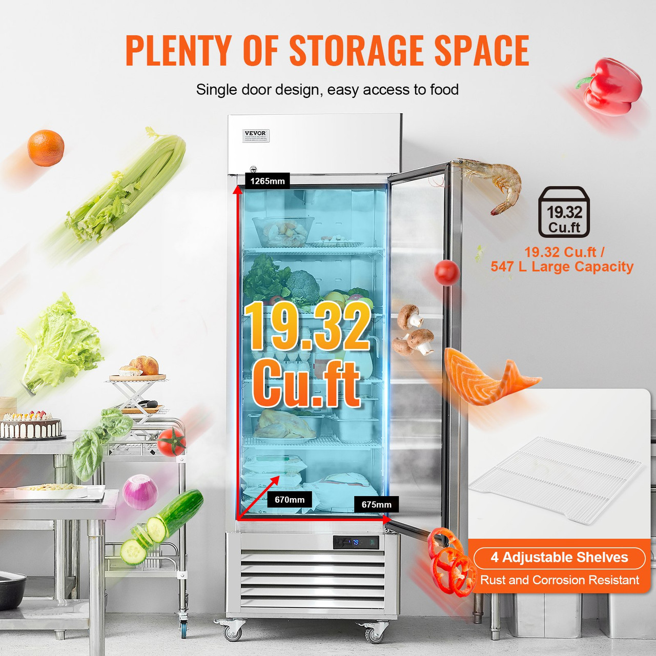 VEVOR Commercial Refrigerator 19.32 Cu.ft, Reach In 27" W Upright Refrigerator Single Door, Auto-Defrost Stainless Steel Reach-in Refrigerator & 4 Shelves, 33 to 41? Temp Control, LED Light, 4 Wheel