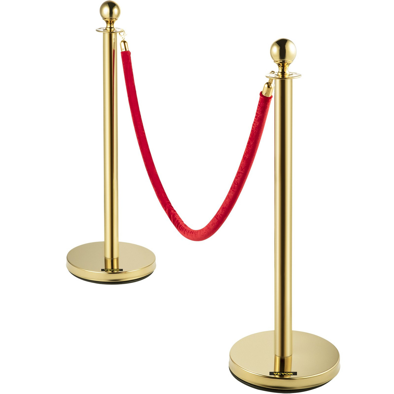 VEVOR Velvet Ropes and Posts, 5 ft/1.5 m Red Rope, Stainless Steel Gold Stanchion with Ball Top, Red Crowd Control Barrier Used for Theaters, Party, Wedding, Exhibition, Ticket Offices 2 Pack Sets